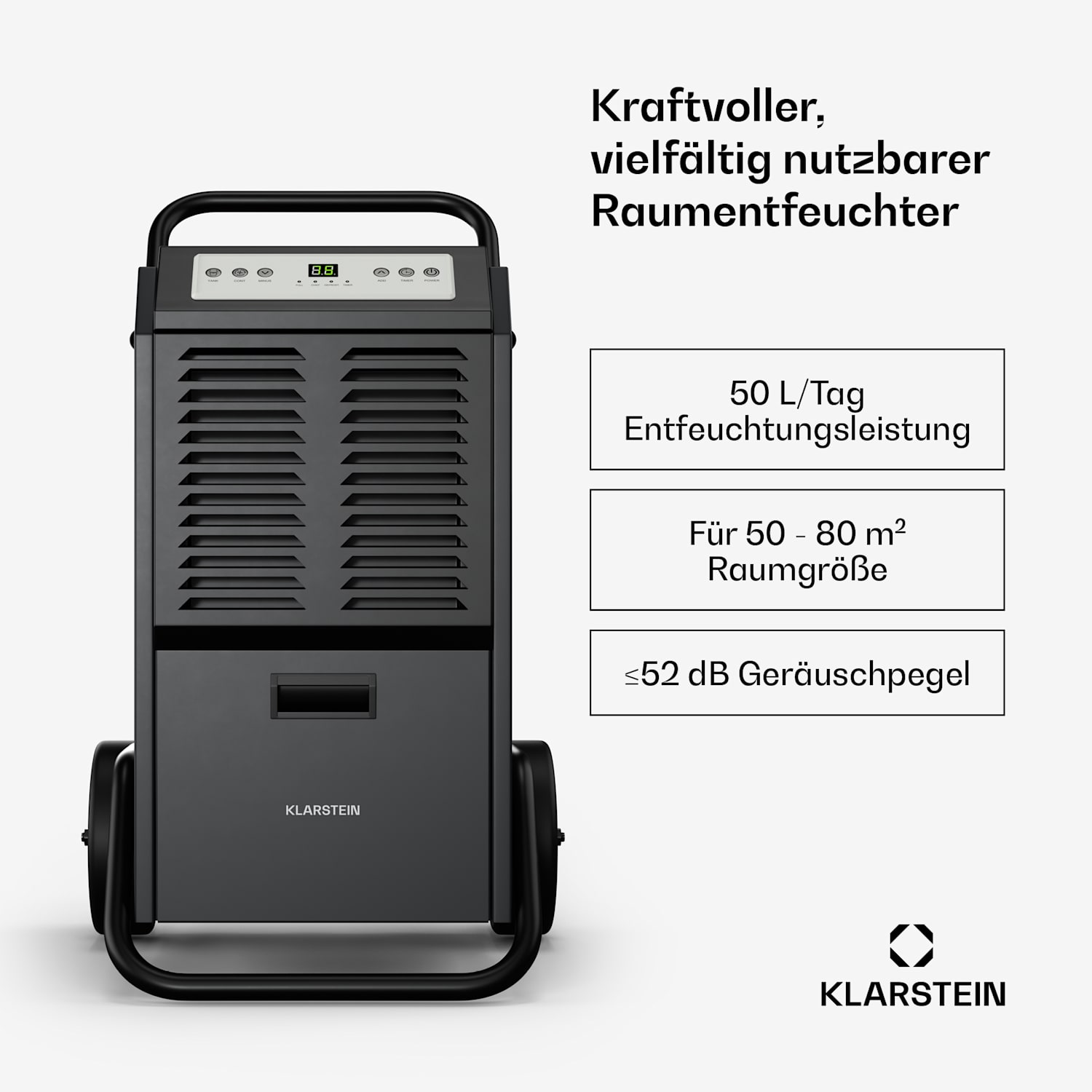 DuraDry 50L Luftentfeuchter | 50L/Tag | 50-80 m₂ | rostfrei | mobil | 450 m³/h 50l/24h | Anthrazit
