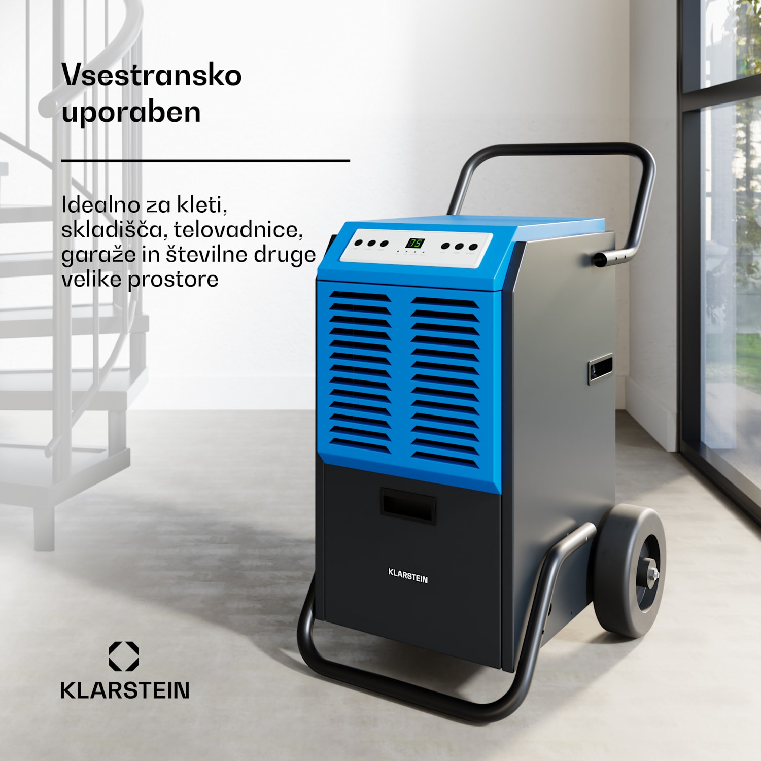 DuraDry 50L razvlaževalnik zraka, 50 l/dan, 50-80 m², nerjaveče jeklo, mobilen, 450 m³/h 50L/24h | Modra