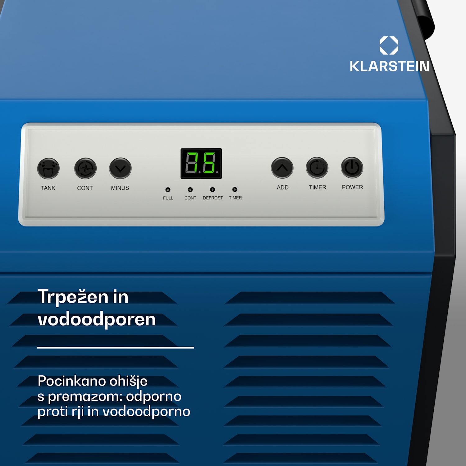 DuraDry 50L razvlaževalnik zraka, 50 l/dan, 50-80 m², nerjaveče jeklo, mobilen, 450 m³/h 50L/24h | Modra