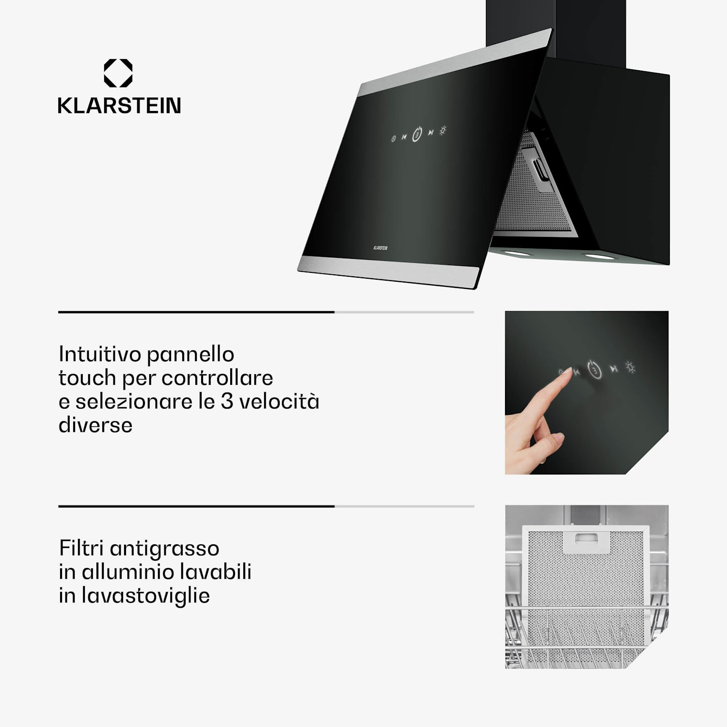 FlashLine - Cappa aspirante | A++ | 524 m³/ora | 3 livelli | Touch | Silenziosa | LED | Scarico/ricircolo | 100 W 60 cm | Nero | Nero