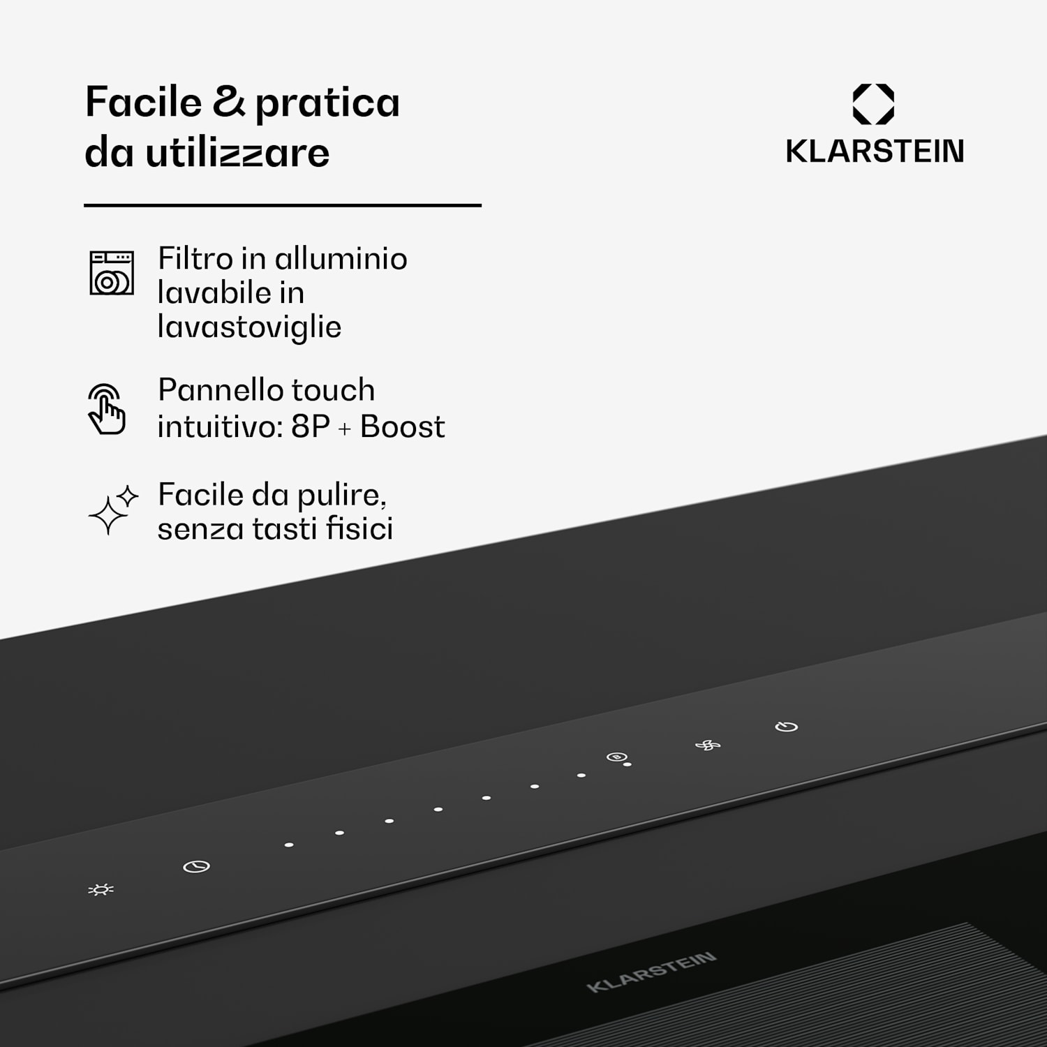Royal Flush Eco - Cappa aspirante | Flusso d'aria: 840 m³/ora | Inclinata | Classe energetica A | 64 dB | LED 120 cm | Nero | Acciaio inox