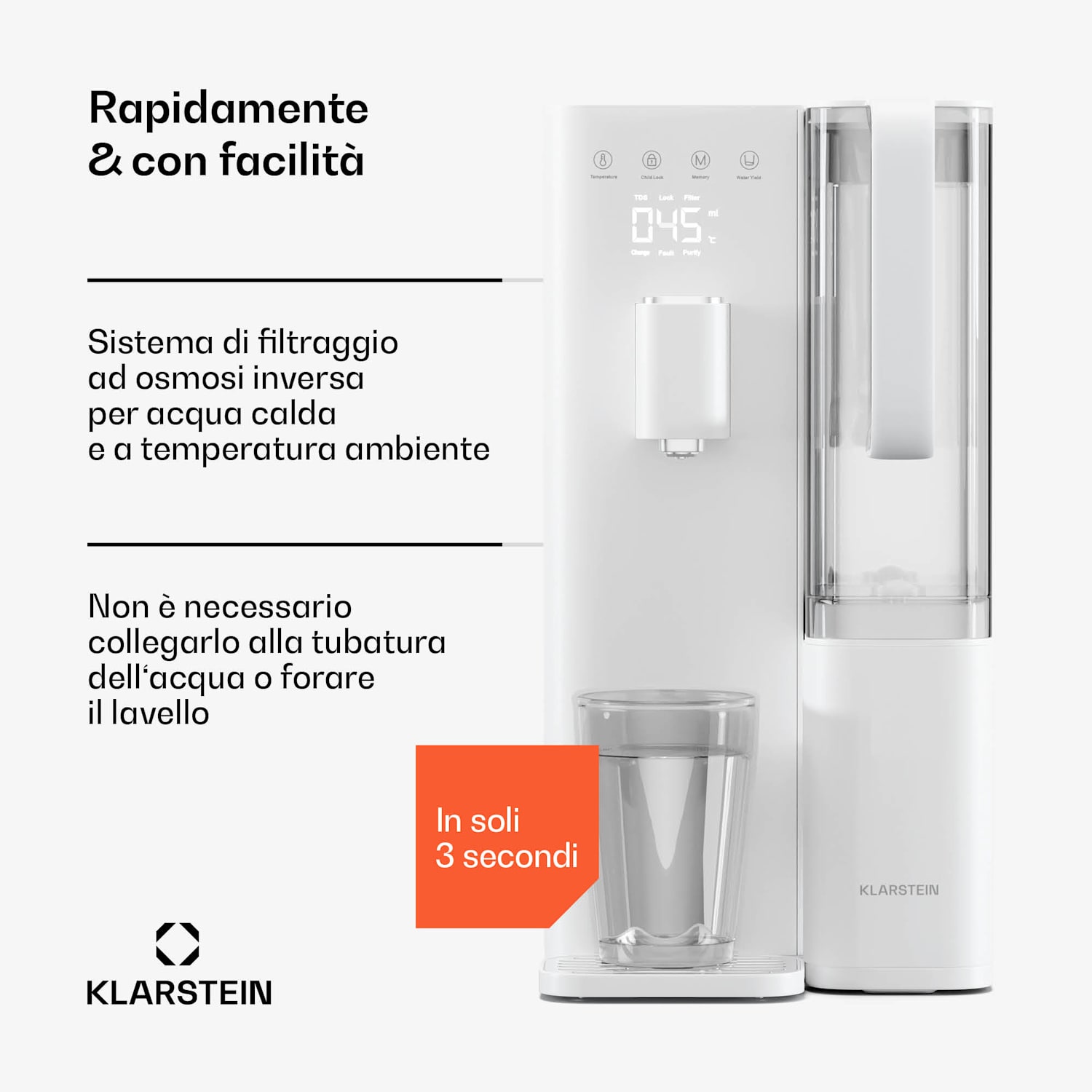 VitalPour Filtro dell'acqua | 5 fasi di filtraggio | Osmosi inversa | Serbatoio da 5 litri | Touch | Portatile | 3 secondi 5 Ltr | Bianco