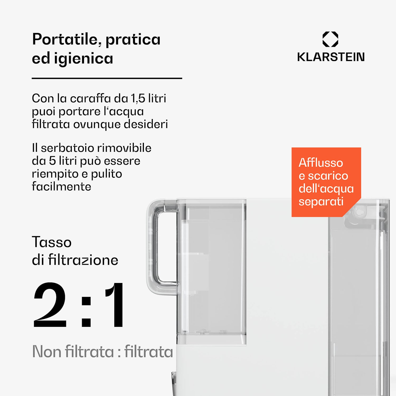VitalPour Filtro dell'acqua | 5 fasi di filtraggio | Osmosi inversa | Serbatoio da 5 litri | Touch | Portatile | 3 secondi 5 Ltr | Bianco