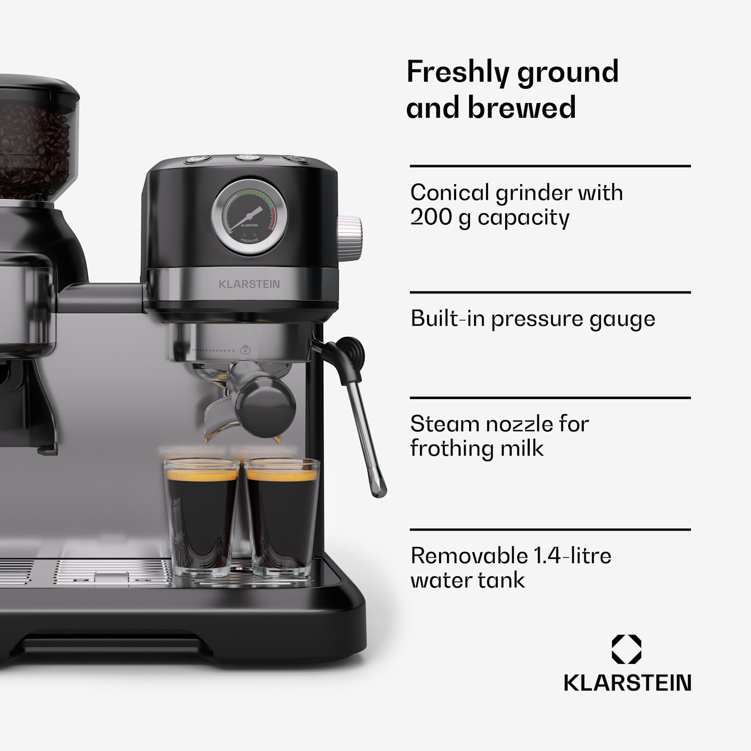 Bella Café espresso machine | vintage | grinder | 19 bar | milk foam | 1150 W Black