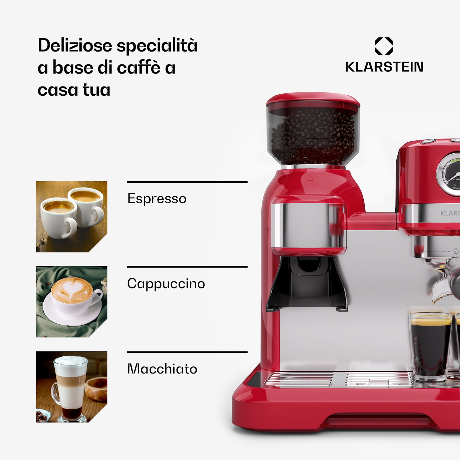Bella Café - Macchina del caffè | Vintage | Macina | 19 bar | Schiuma di latte | Manometro | 1150 W Rosso