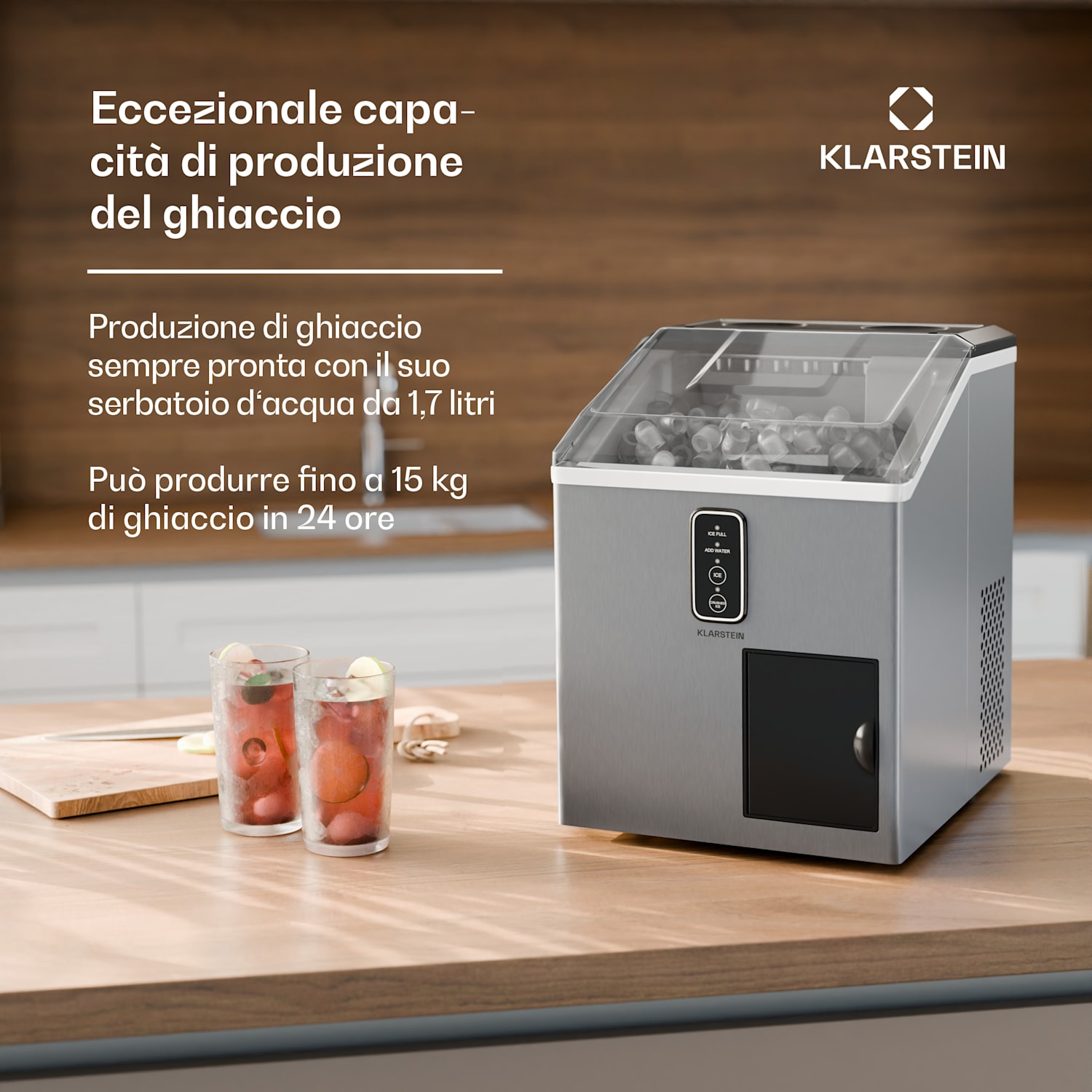 Macchina del ghiaccio | 15 kg di ghiaccio | Cubetti cavi & ghiaccio tritato | Acciaio inox 