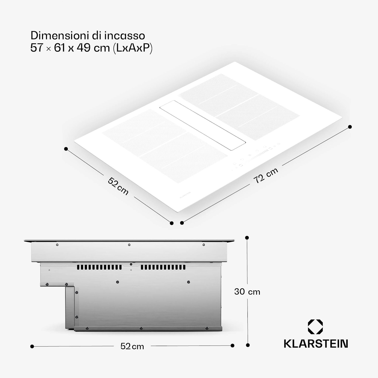 Chef-Fusion - Impianto Down Air | 2in1 | Piano cottura a induzione + cappa aspirante | Potente | 7200 W 72 cm | Bianco