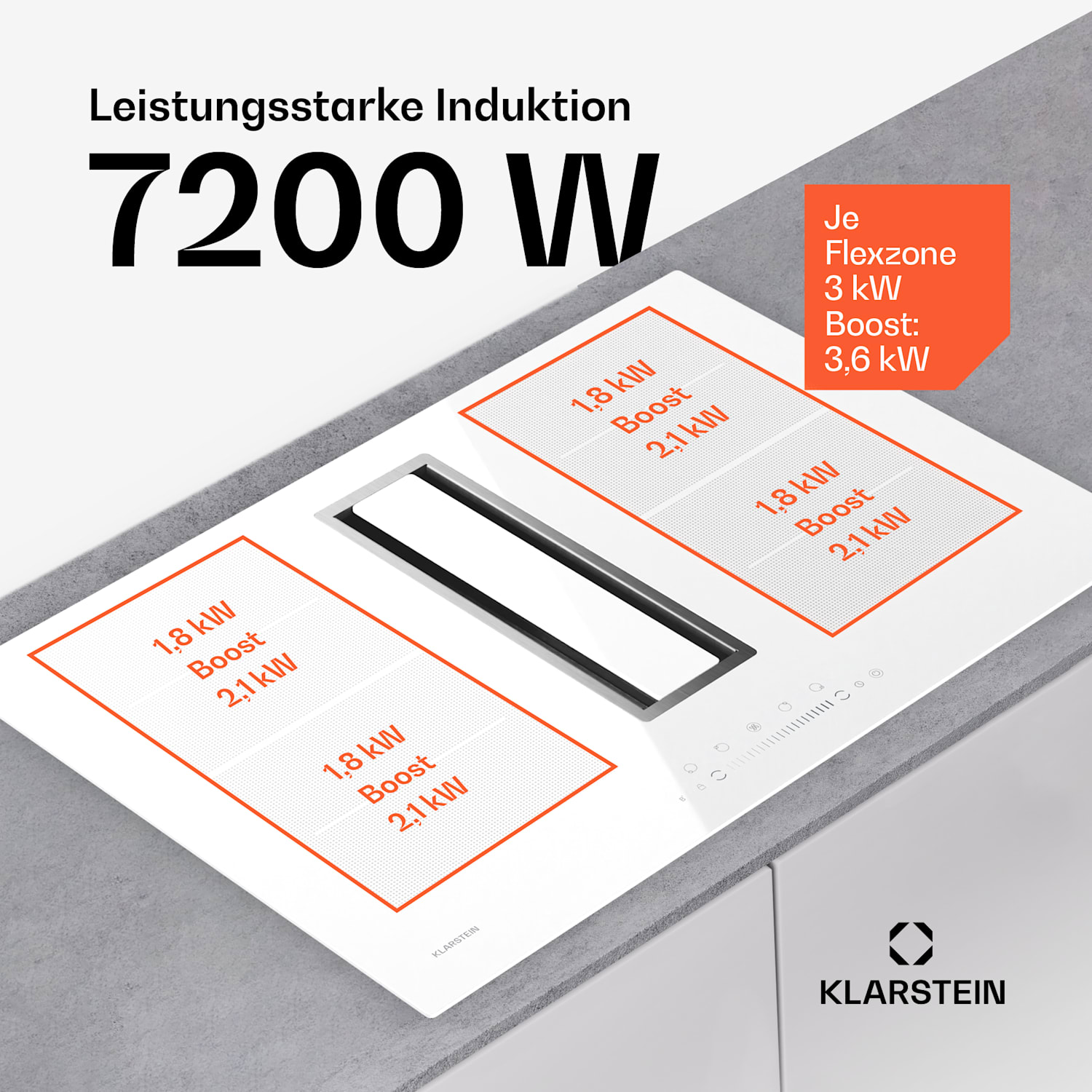 Chef-Fusion Down Air System | 2-en-1 | table à induction + hotte aspirante | puissant | 7200 W 77 cm | Blanc