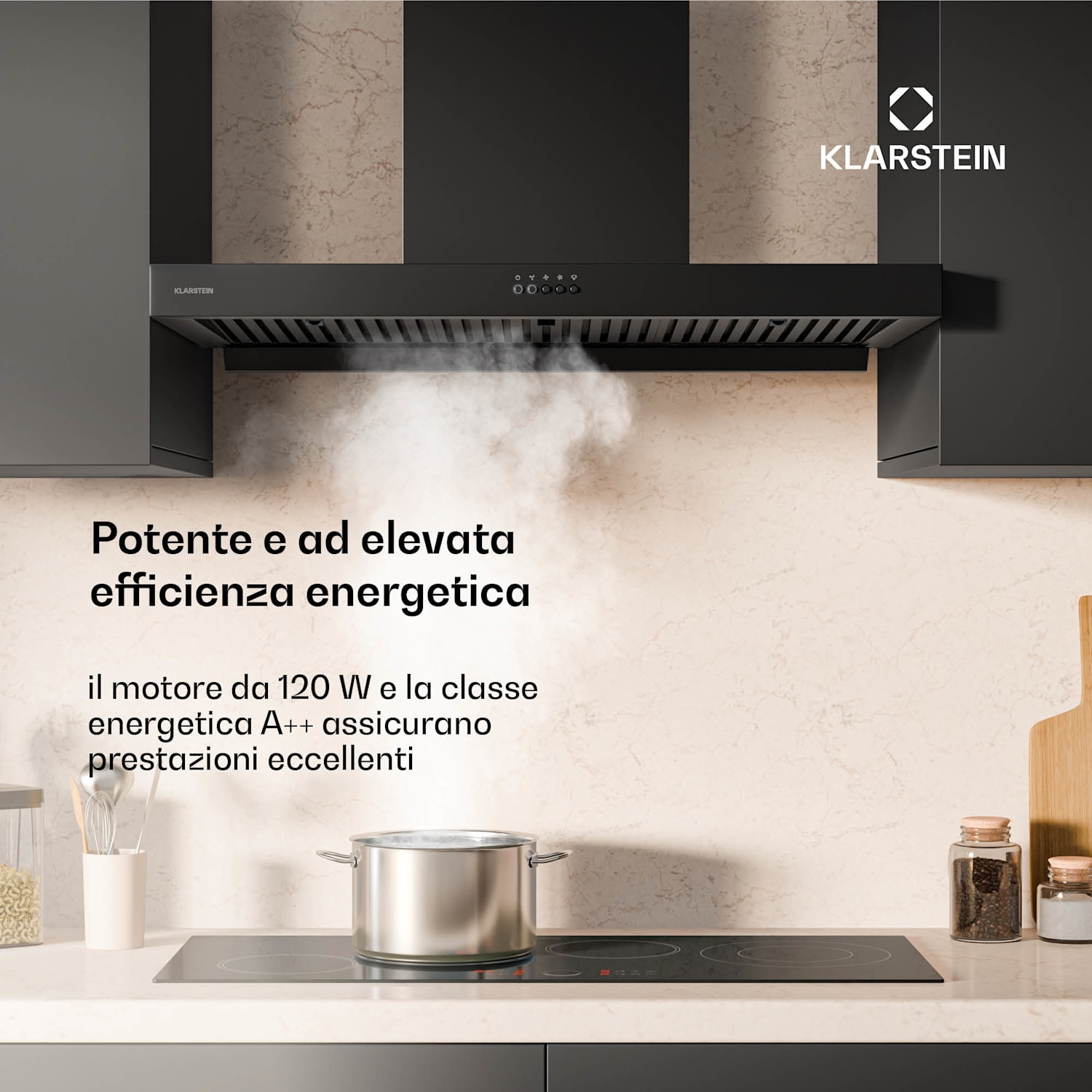 AeroClean - Cappa aspirante | 649,9 m³/ora | 4 livelli | Classe energetica A++ | Scarico/ricircolo 90 cm | Nero