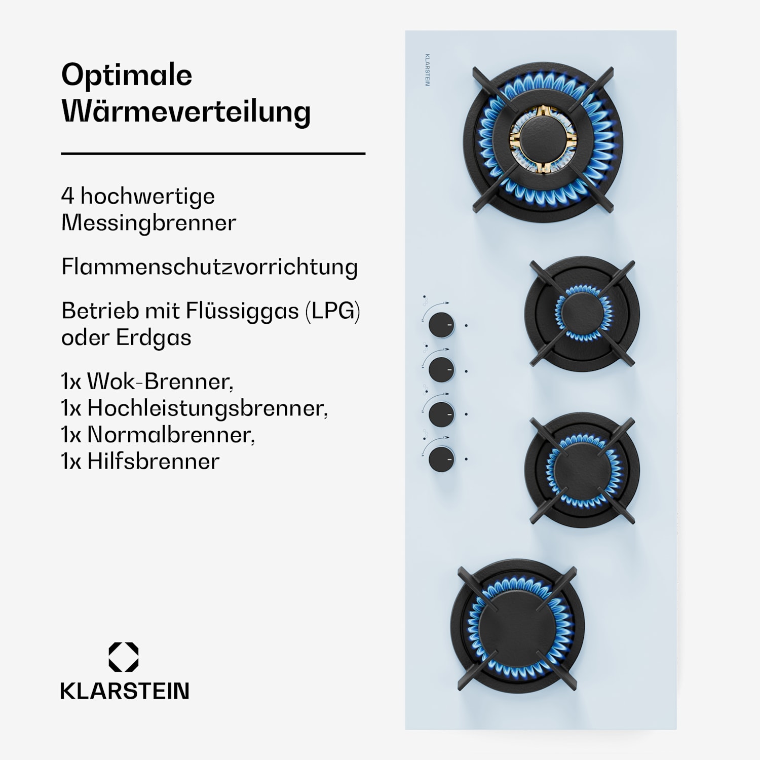 Goldflame 4 Slim Gaskochfeld | 4 Brenner | für Flüssig- oder Erdgas | elektr. Zündung Goldflame Slim | 4 | Weiß
