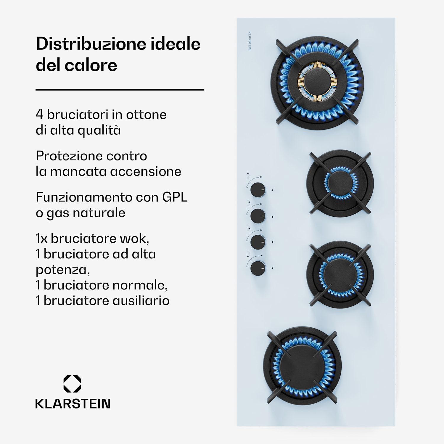 Goldflame 4 Slim - Piano cottura a gas | 4 bruciatori | Per gas liquido o naturale | Ignizione elettrica Goldflame Slim | 4 | Bianco