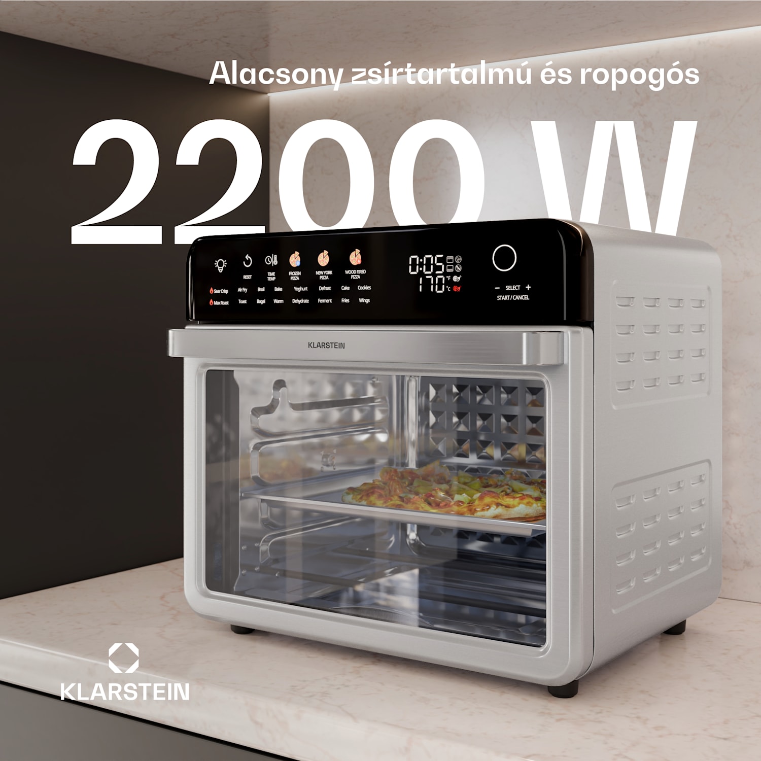 AirGlaze Digital forrólevegős fritőz, 2200 W, 19 program, mosogatógépben mosható tartozékokkal együtt Digitális színes ikonokkal | Rozsdamentes acél