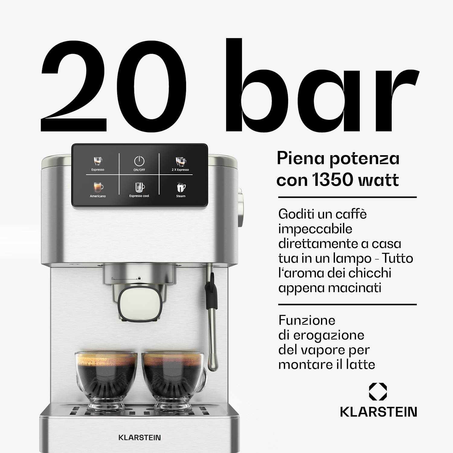 SteelPresso Touch - Macchina del caffè | Display touch | 20 bar | Acciaio inox schermo touch | Acciaio inox