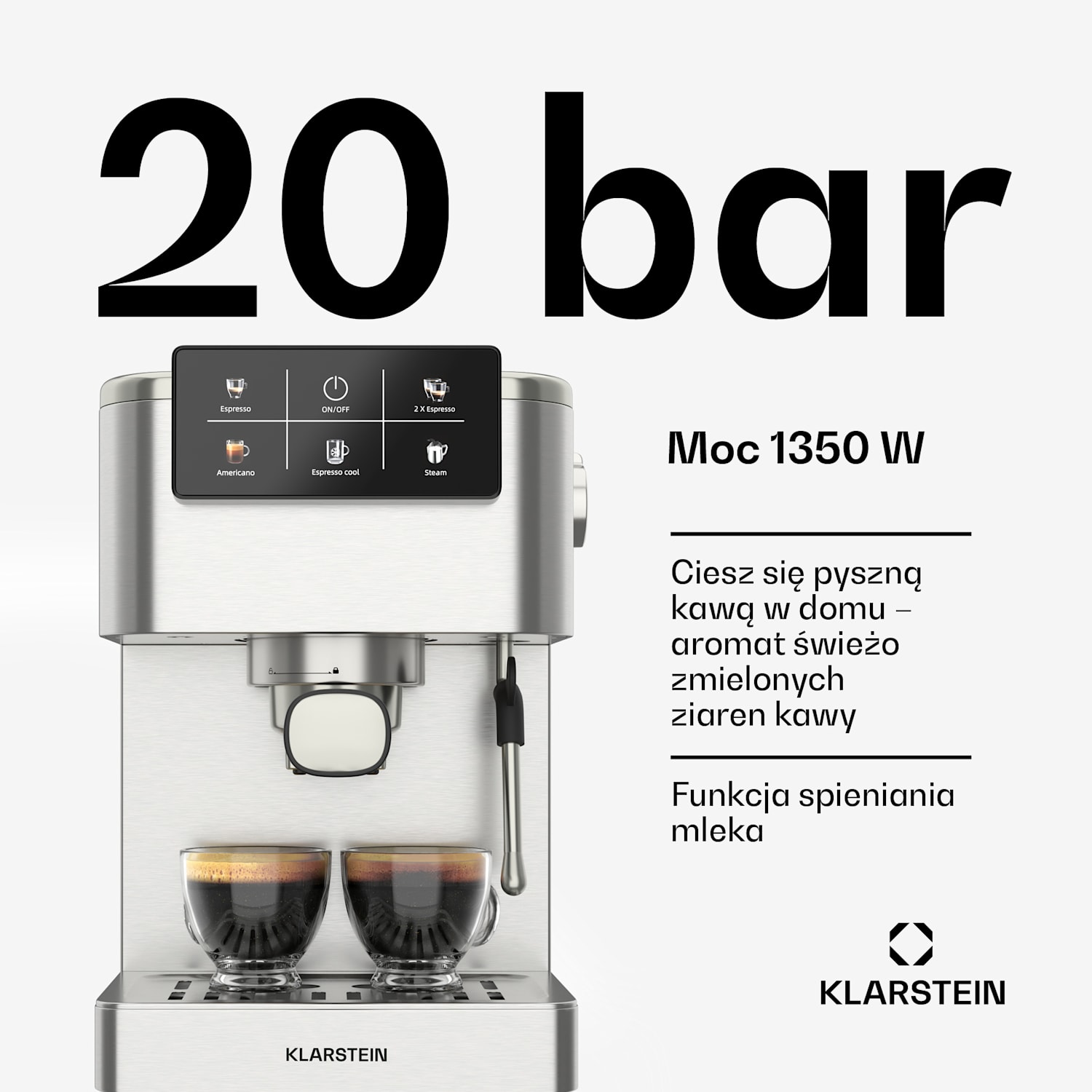 SteelPresso Touch ekspres do kawy kolbowy, ekran dotykowy, 20 bar, stal nierdzewna wyświetlacz dotykowy | Stal nierdzewna