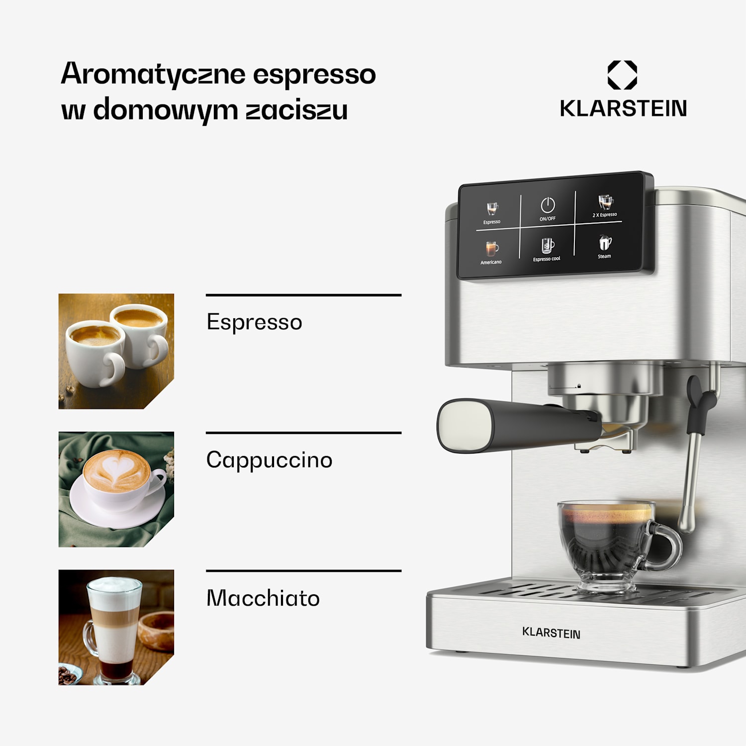 SteelPresso Touch ekspres do kawy kolbowy, ekran dotykowy, 20 bar, stal nierdzewna wyświetlacz dotykowy | Stal nierdzewna