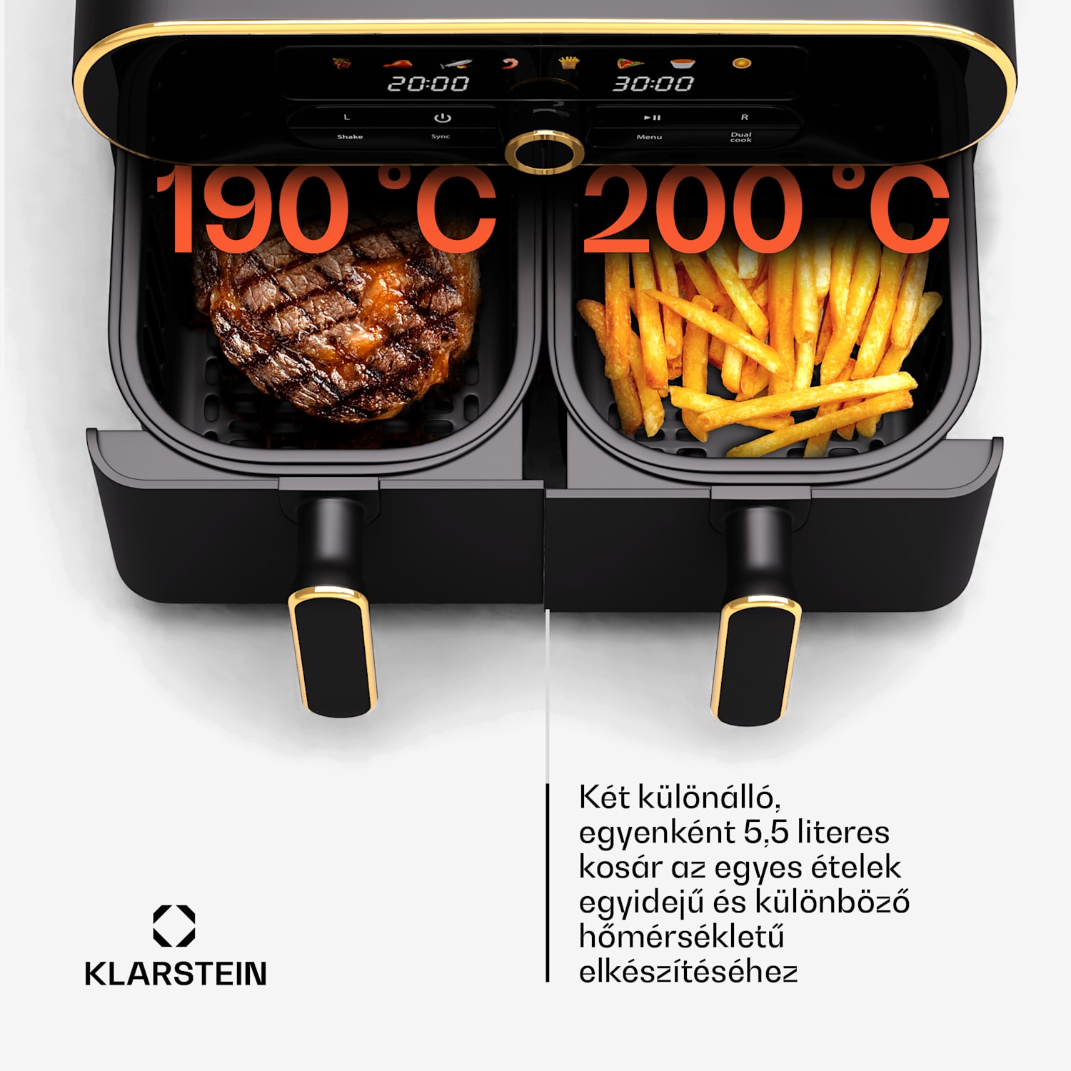 AuraAir Color Touch forrólevegős fritőz, 11 l, 1700 W, 80 - 200 °C, 8 program Fekete / Antik arany fém