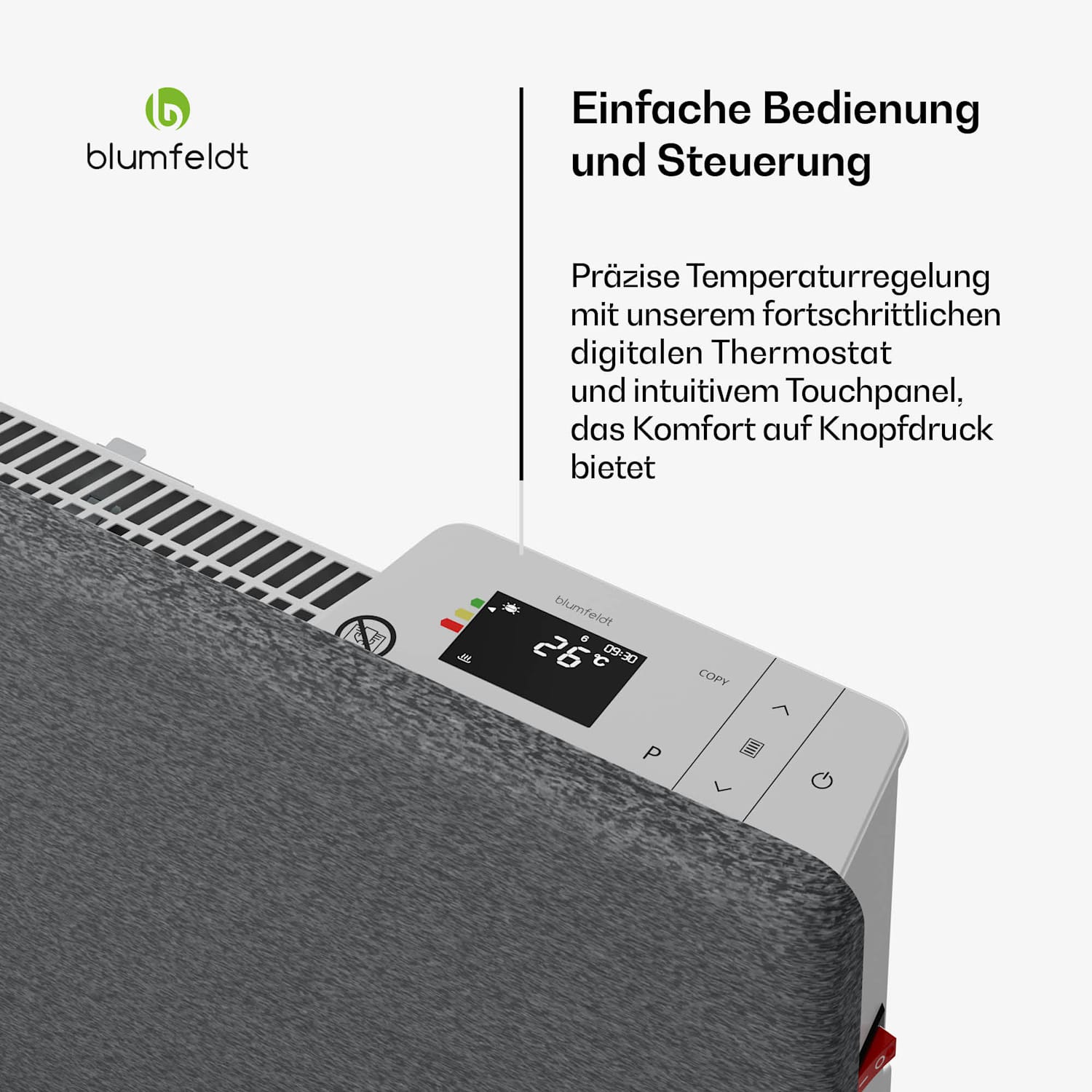 ThermaTouch Konvektor | 2.000 W | elegantes Design | Touch-Bedienung | bis 20 m² Tessile | 94 x 40 cm | Grigio