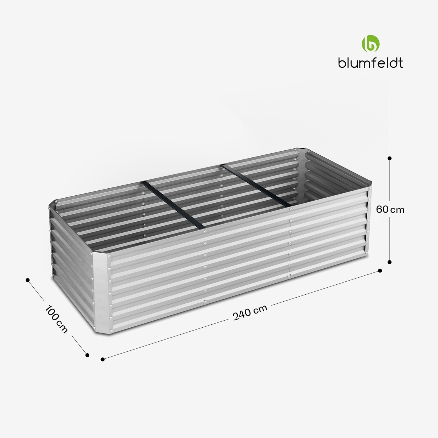 High Grow Straight Hochbeet | 1.440 L | Ergonomisch | Wetterfest | offene Bodenstruktur 240 x 60 x 100 cm | Silber