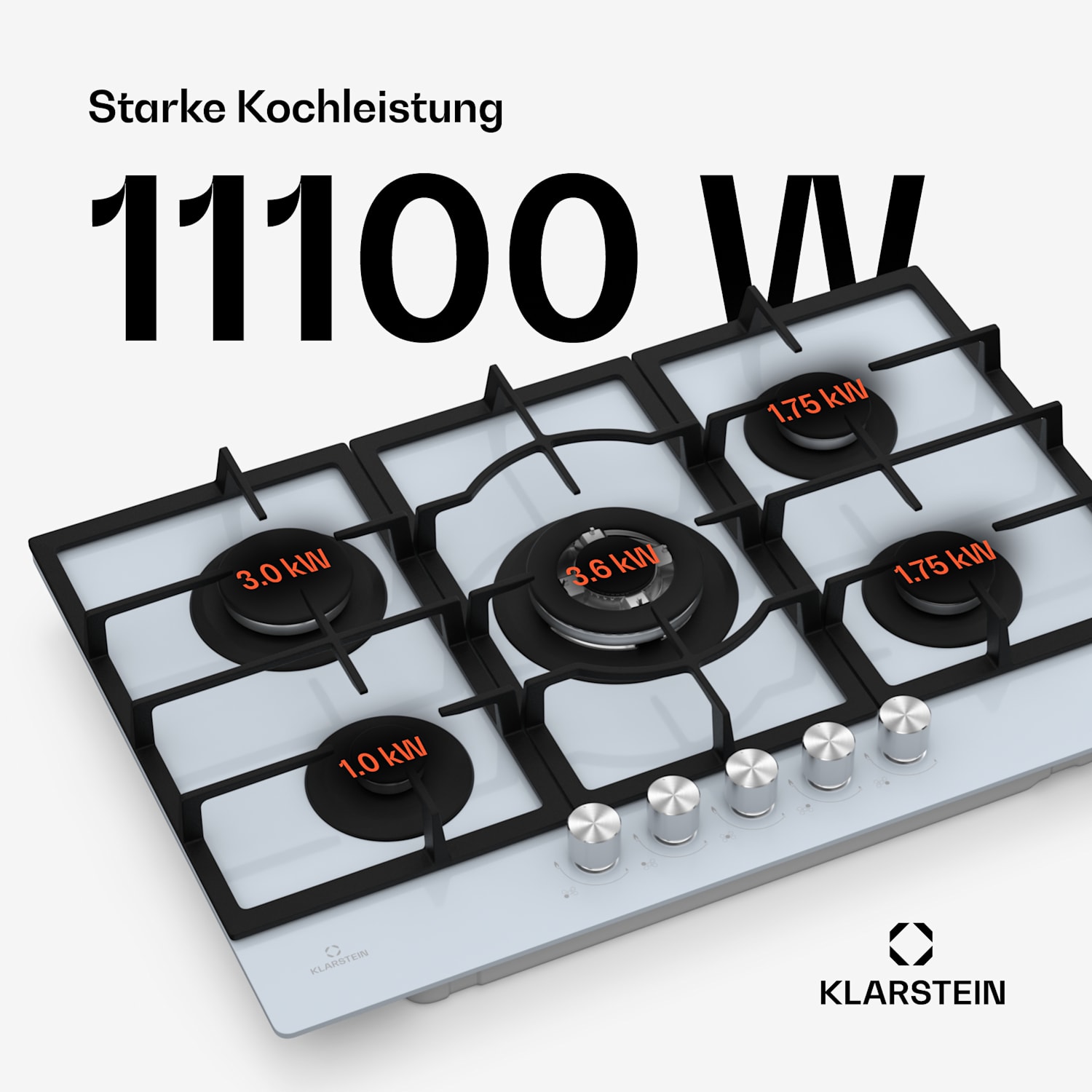 Ignito 5 Zonen Gaskochfeld | 5 Brenner | elektr. Zündung | Wok | für Flüssig- oder Erdgas 75 cm | Glas | Weiß