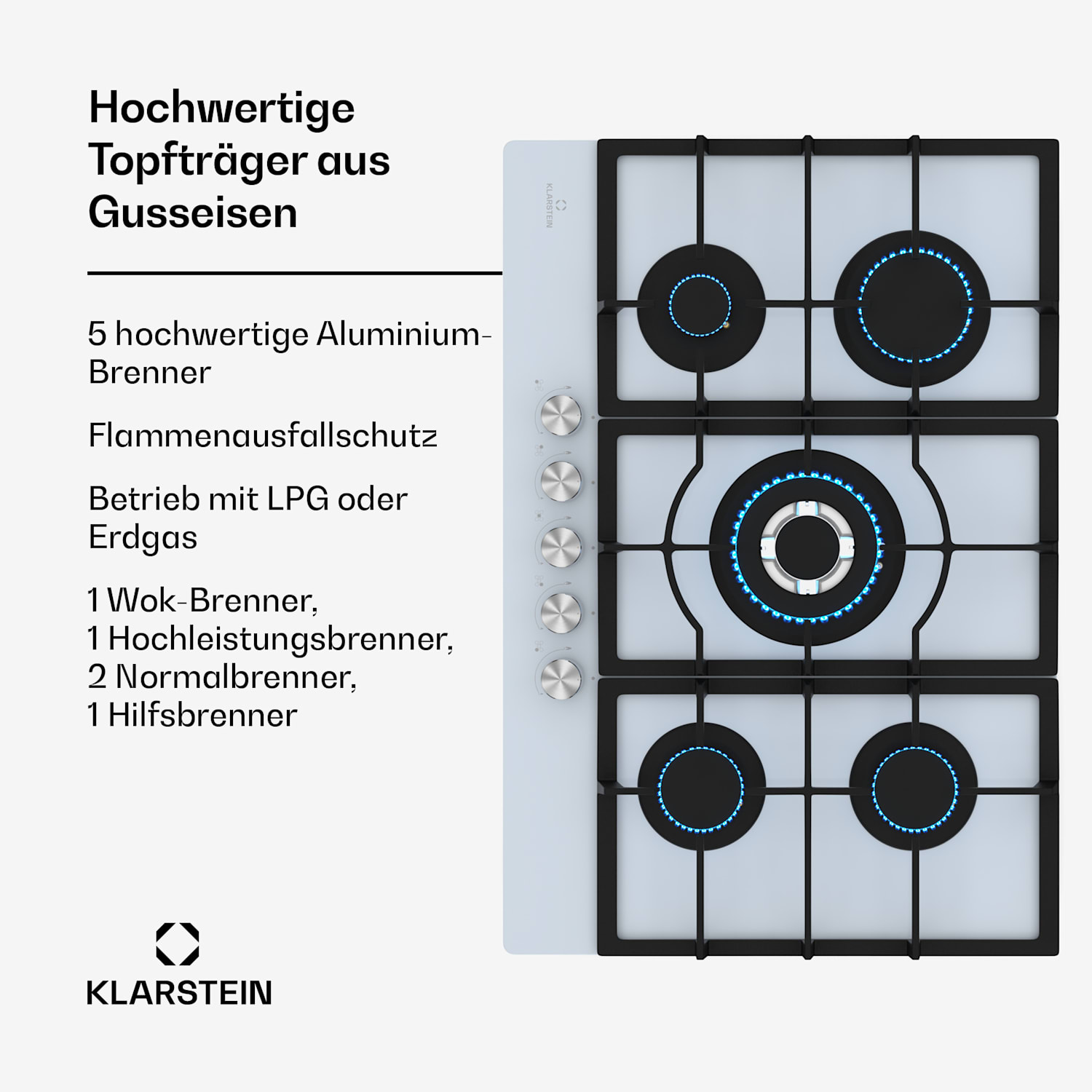 Ignito 5 Zonen Gaskochfeld | 5 Brenner | elektr. Zündung | Wok | für Flüssig- oder Erdgas 75 cm | Glas | Weiß