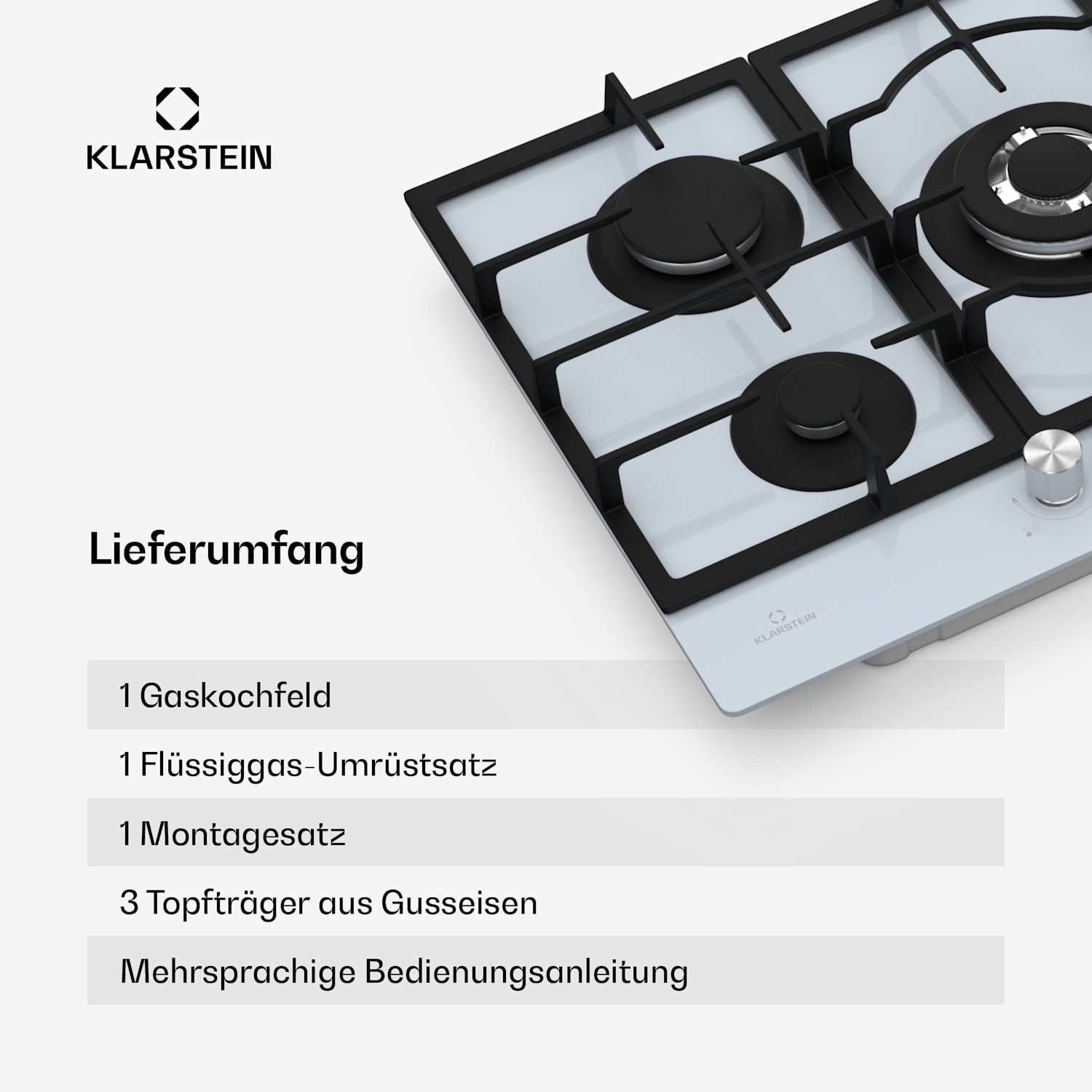 Ignito 5 Zonen Gaskochfeld | 5 Brenner | elektr. Zündung | Wok | für Flüssig- oder Erdgas 75 cm | Glas | Weiß