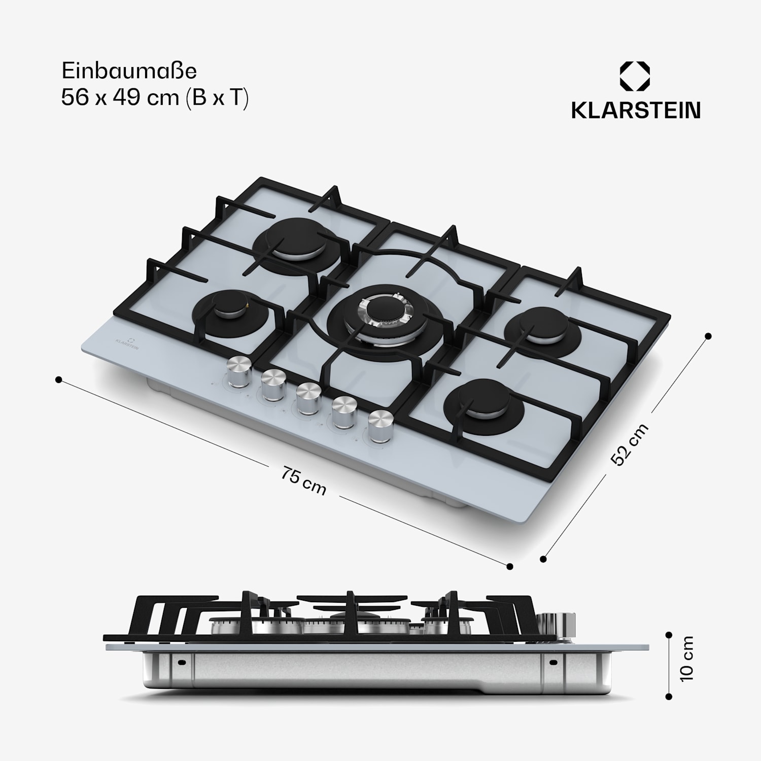 Ignito 5 Zonen Gaskochfeld | 5 Brenner | elektr. Zündung | Wok | für Flüssig- oder Erdgas 75 cm | Glas | Weiß