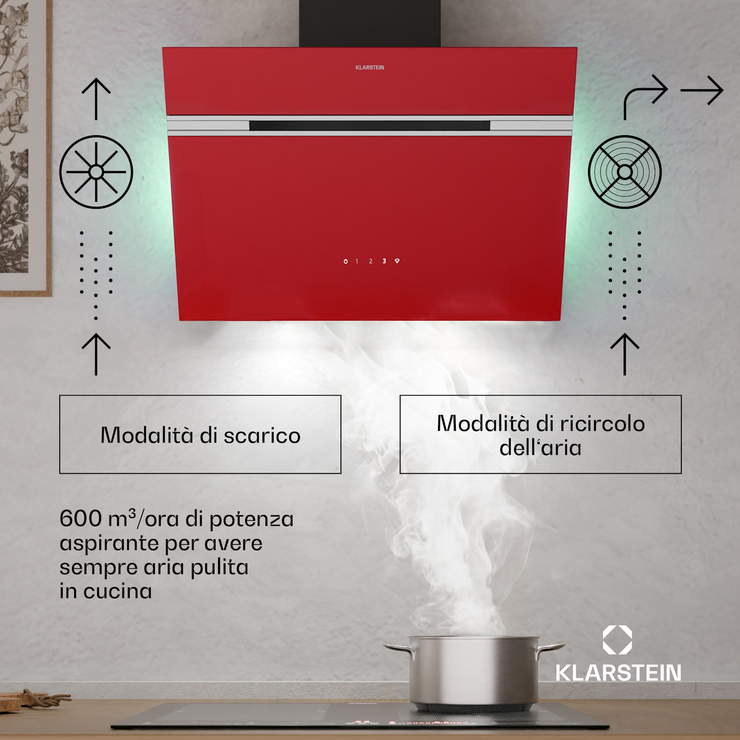 Alina - Cappa aspirante | 60 cm | 600 m³/ora | Silenziosa | Classe energetica A 60 cm | Rosso
