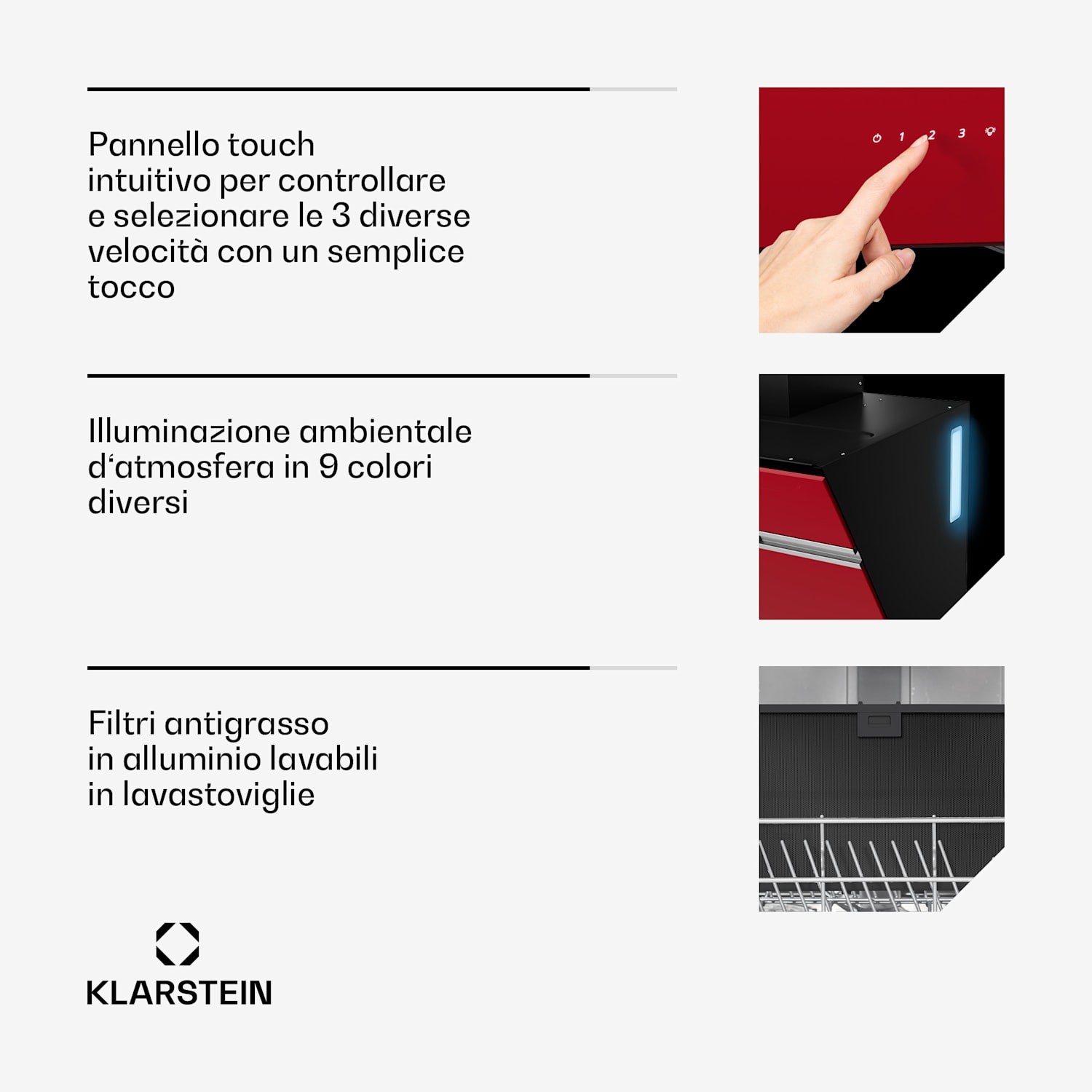 Alina - Cappa aspirante | 60 cm | 600 m³/ora | Silenziosa | Classe energetica A 60 cm | Rosso