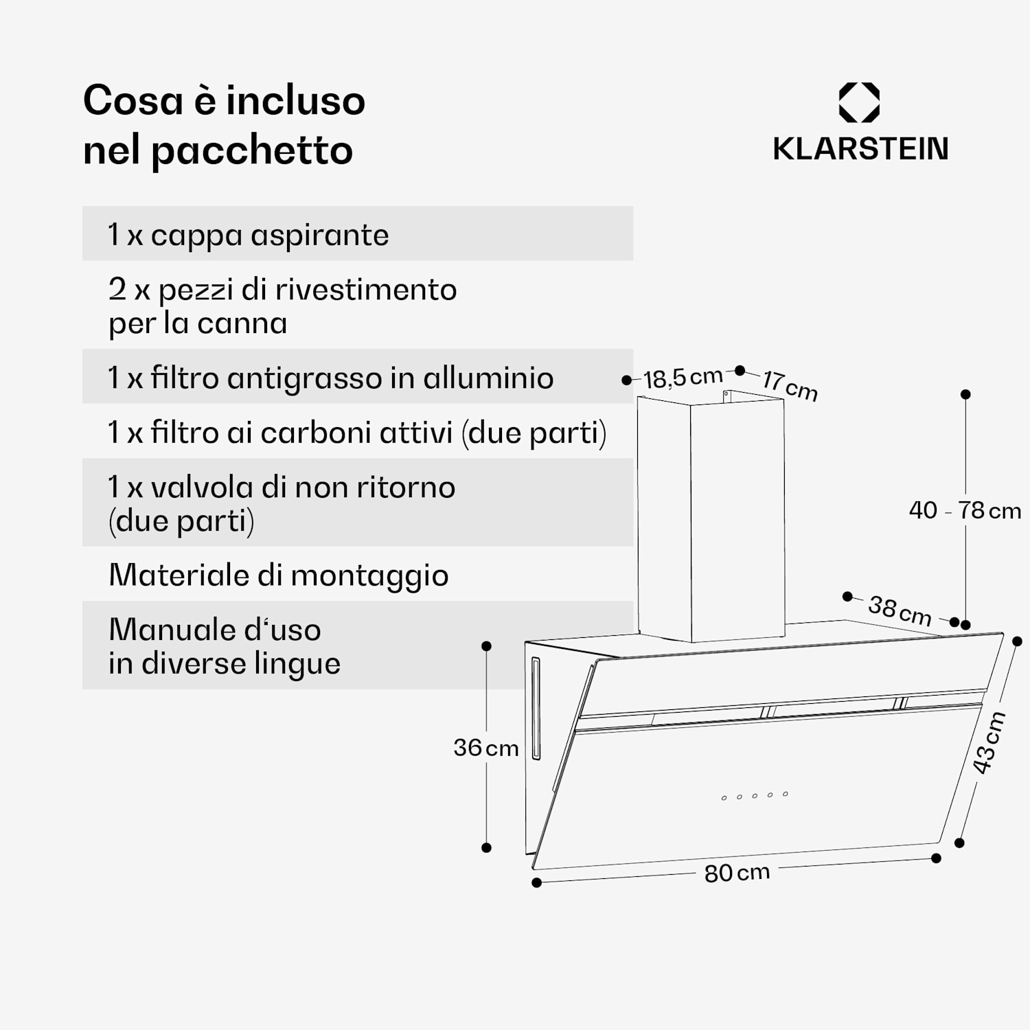 Alina - Cappa aspirante | 80 cm | 600 m³/ora | Silenziosa | Classe energetica A 80 cm | Bianco