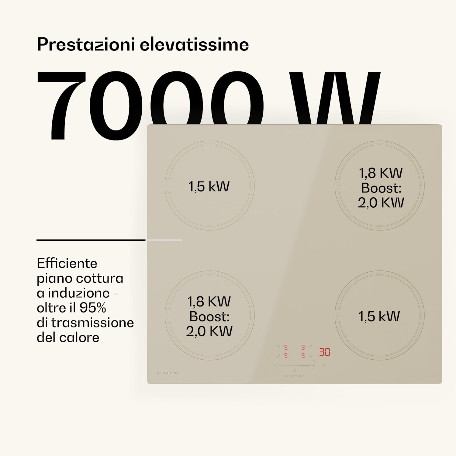Victoria - Piano cottura a induzione | 60 cm | 4 zone di cottura | Cursori | Funzione boost 60 cm | Crema