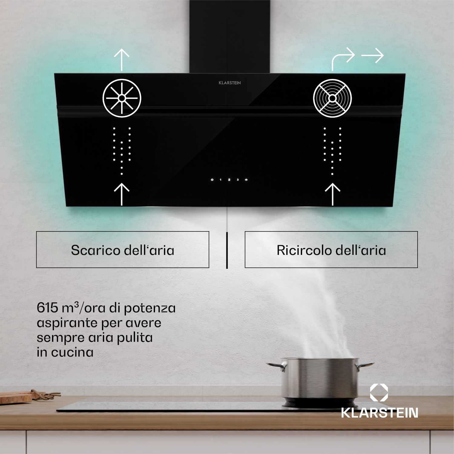 Alina - Cappa aspirante | Classe energetica A | Touch | Illuminazione a LED | Scarico/ricircolo | 615 m³/ora 90 cm | Nero