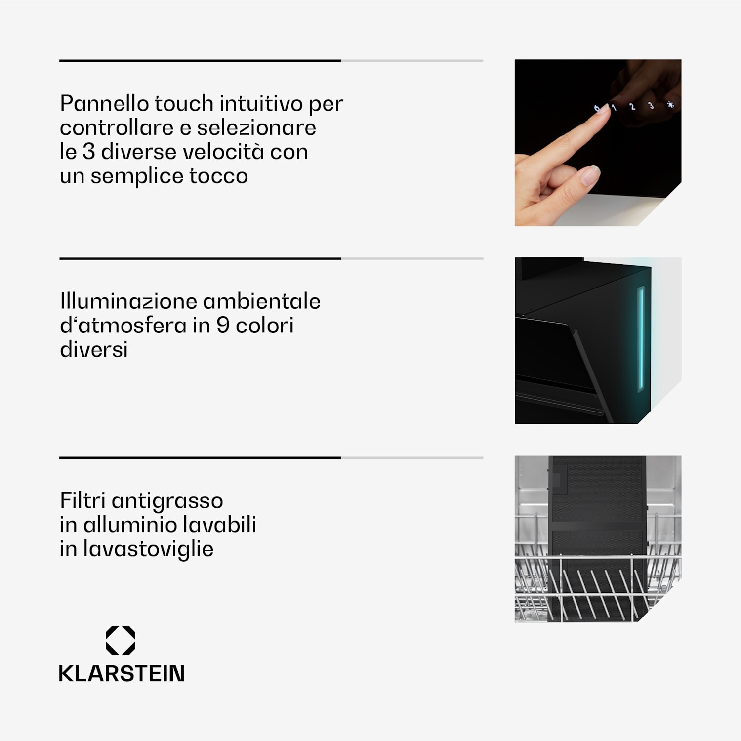 Alina - Cappa aspirante | Classe energetica A | Touch | Illuminazione a LED | Scarico/ricircolo | 615 m³/ora 90 cm | Nero