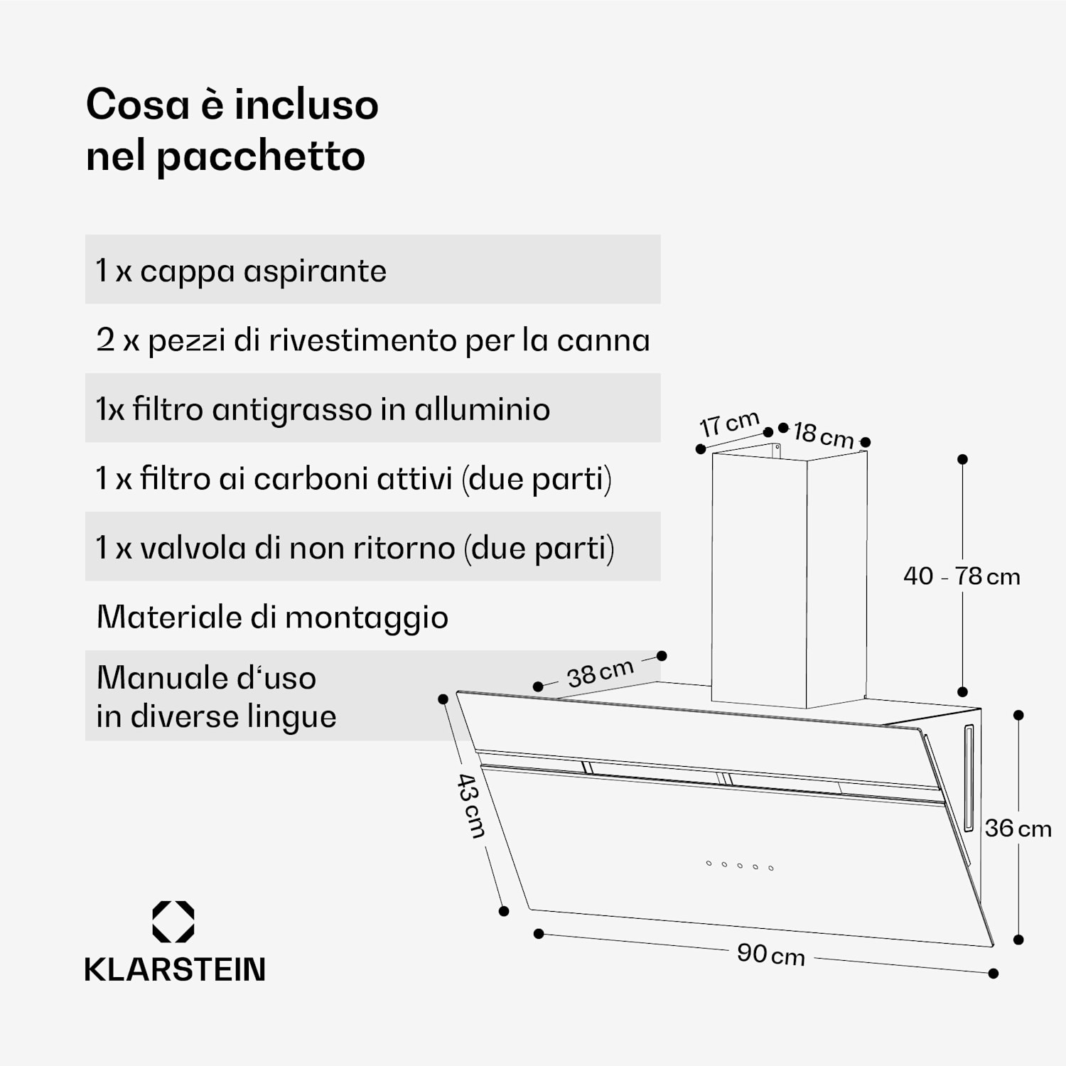 Alina - Cappa aspirante | Classe energetica A | Touch | Illuminazione a LED | Scarico/ricircolo | 615 m³/ora 90 cm | Nero