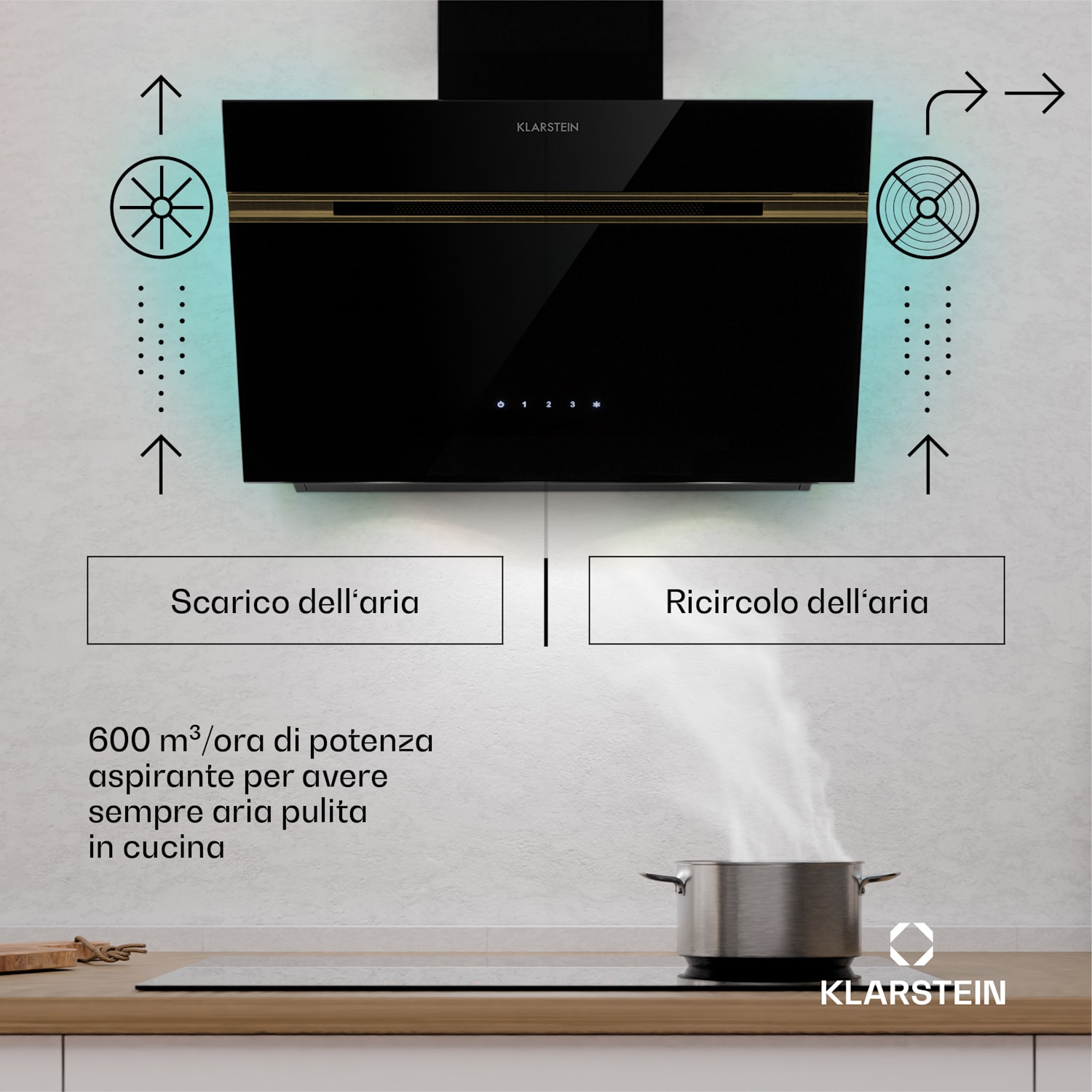Alina - Cappa aspirante | Classe energetica A | Touch | Illuminazione a LED | Scarico/ricircolo | 600 m³/ora 60 cm | Nero/ Oro anticato metallizzato