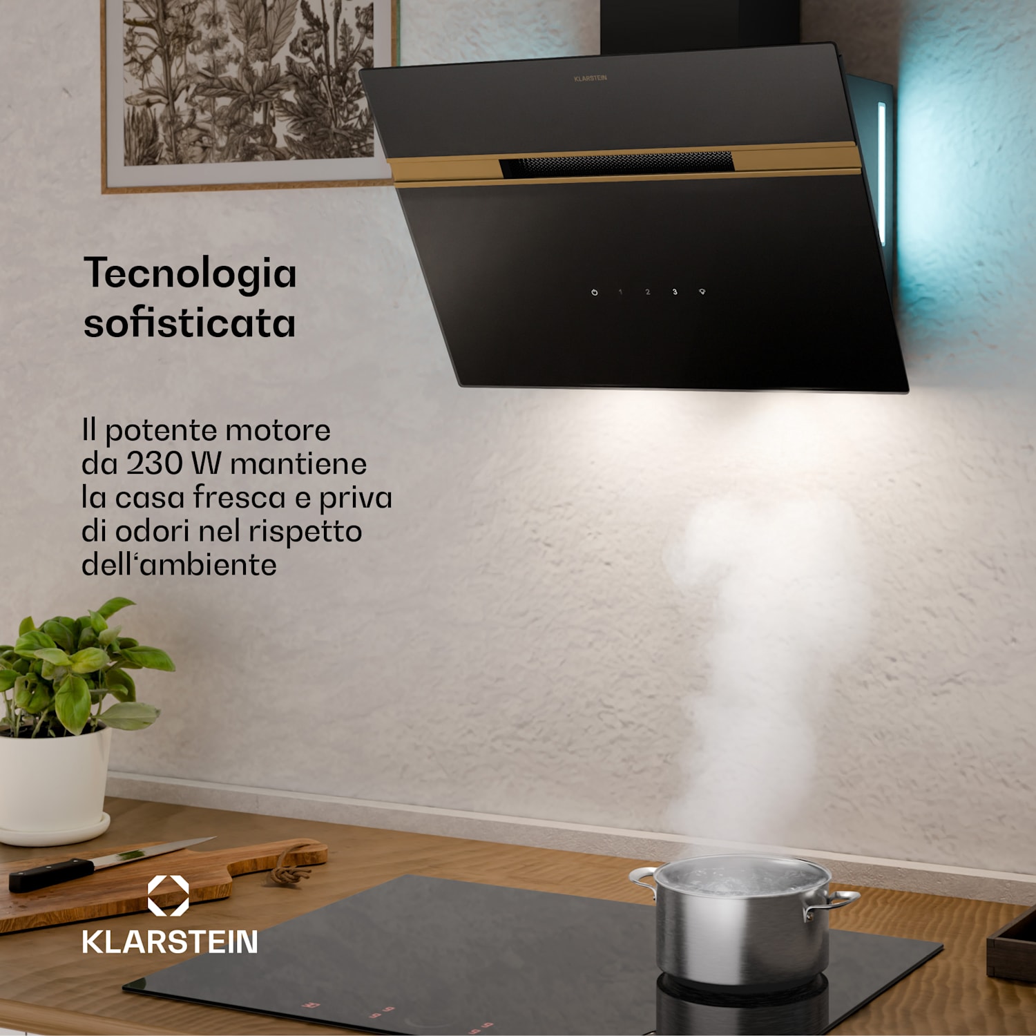 Alina - Cappa aspirante | Classe energetica A | Touch | Illuminazione a LED | Scarico/ricircolo | 600 m³/ora 60 cm | Nero/ Oro anticato metallizzato
