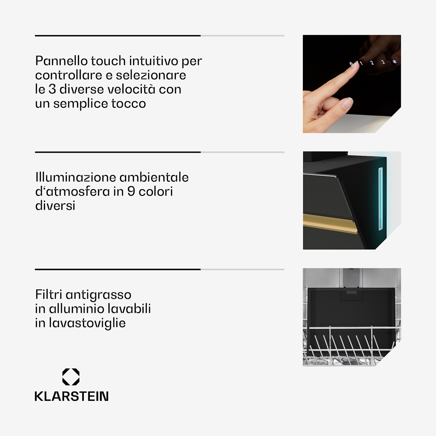 Alina - Cappa aspirante | Classe energetica A | Touch | Illuminazione a LED | Scarico/ricircolo | 600 m³/ora 60 cm | Nero/ Oro anticato metallizzato