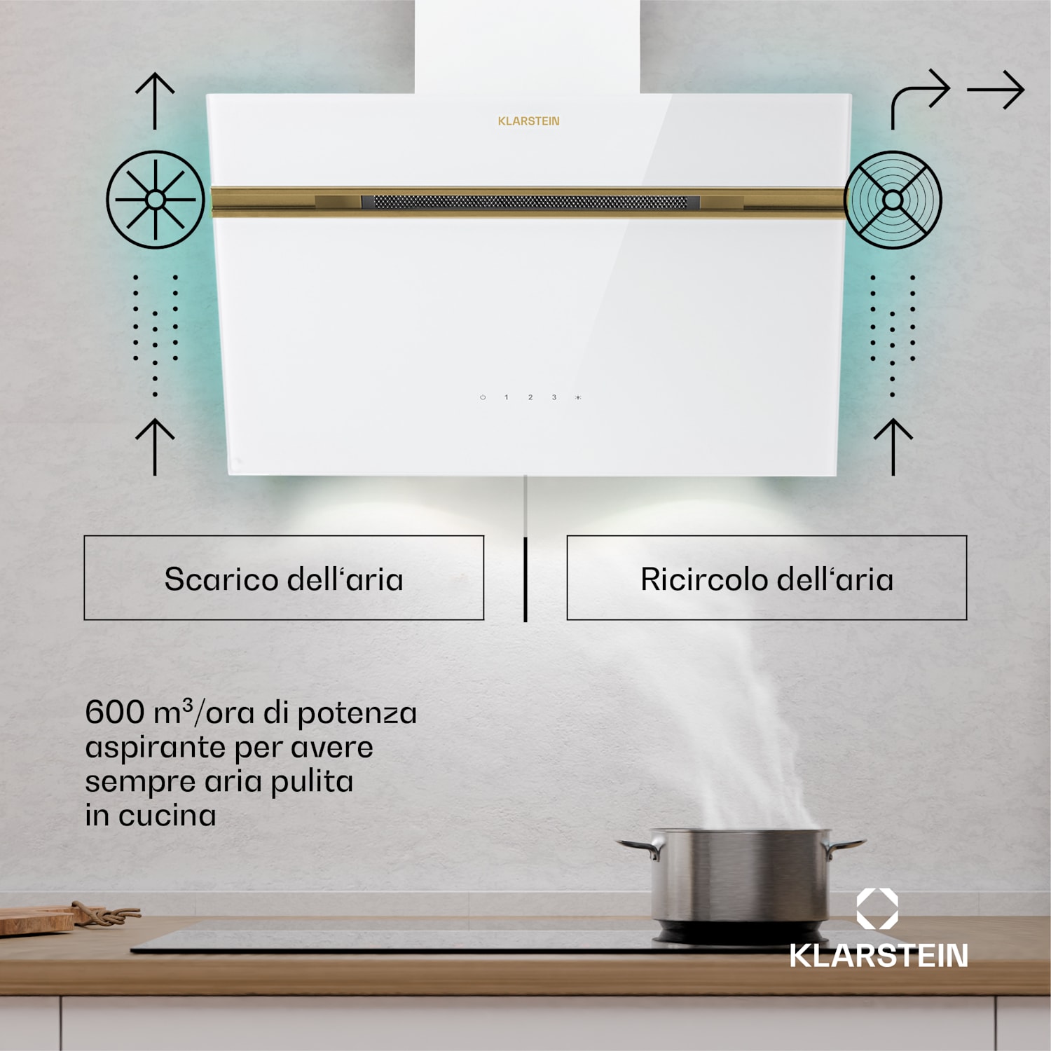 Alina - Cappa aspirante | Classe energetica A | Touch | Illuminazione a LED | Scarico/ricircolo | 600 m³/ora 