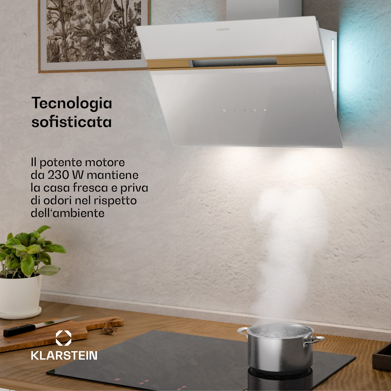 Alina - Cappa aspirante | Classe energetica A | Touch | Illuminazione a LED | Scarico/ricircolo | 600 m³/ora 