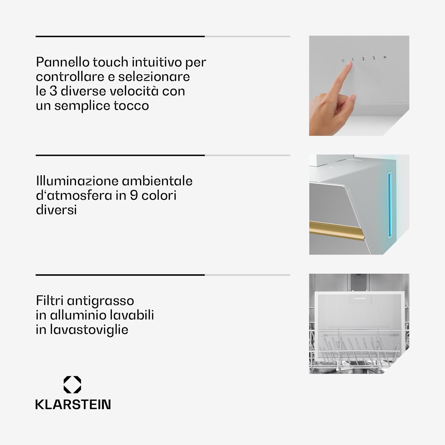 Alina - Cappa aspirante | Classe energetica A | Touch | Illuminazione a LED | Scarico/ricircolo | 600 m³/ora 