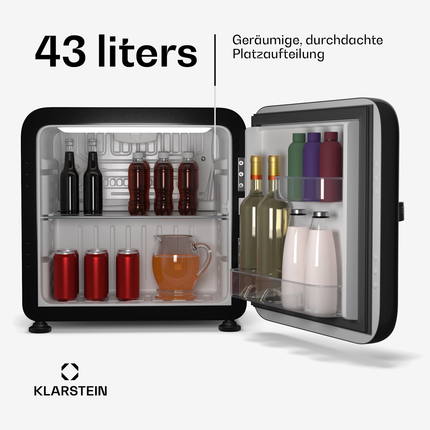 Audrey Evo Mini Kühlschrank | 43L | Retro-Design | leise | kompakt | 3 Farben 43 Ltr | Schwarz