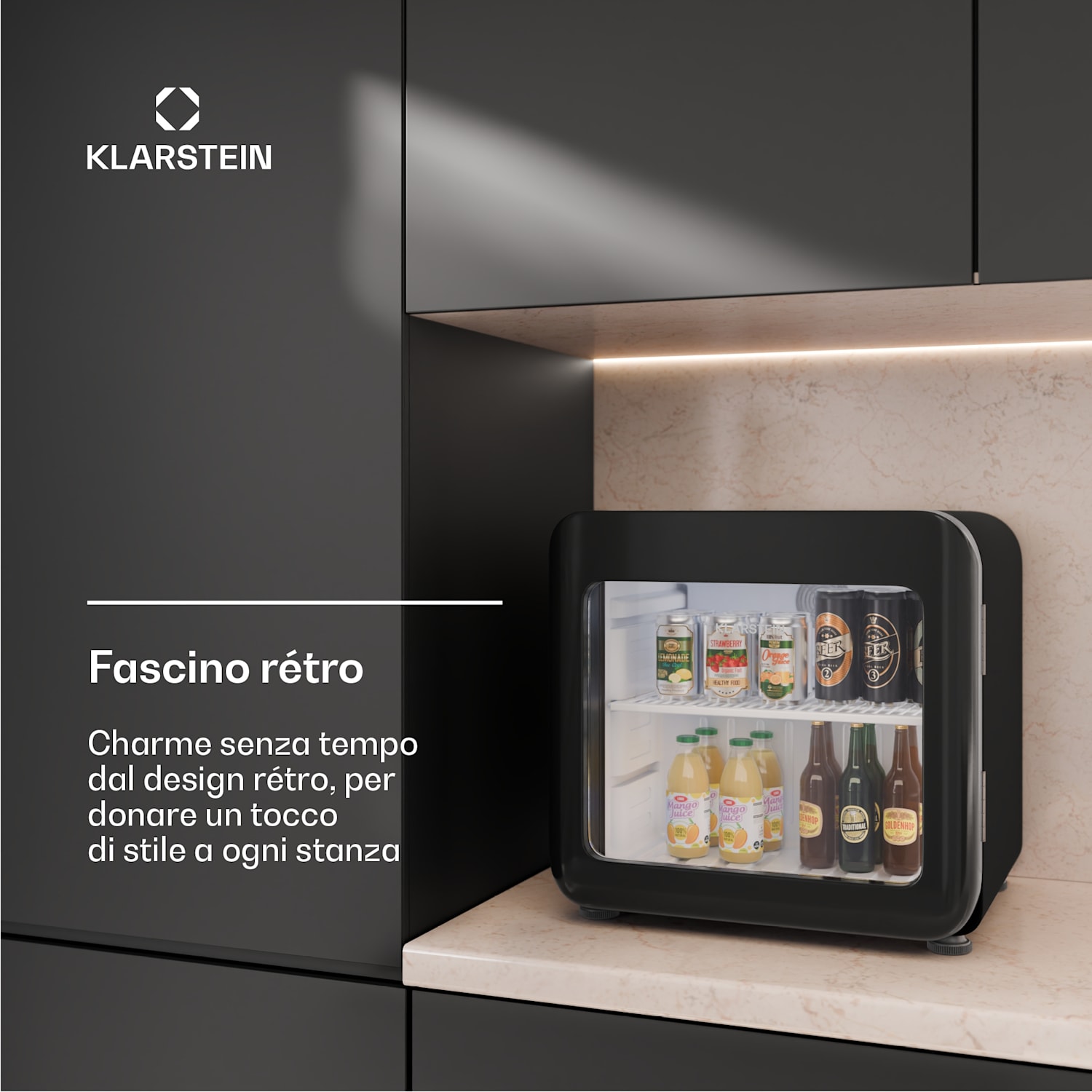 Audrey Evo - Frigorifero per bevande | Design rètro | Sportello in vetro | 46 L | Classe energetica C 46 Ltr | Nero
