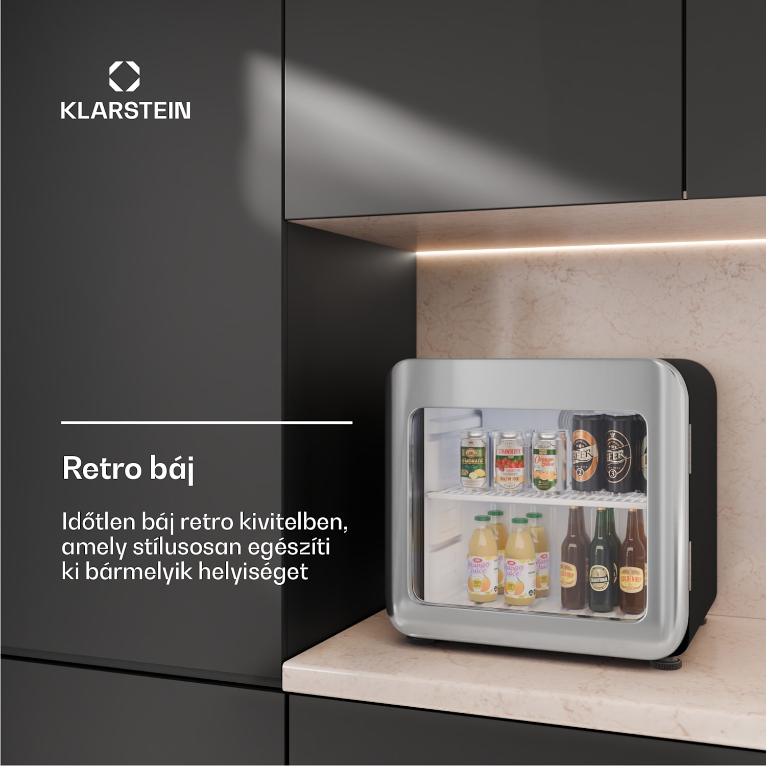 Audrey Evo italhűtő, Rretro kivitel, üvegajtó, 46 L, EEK C 46 Ltr | Ezüst