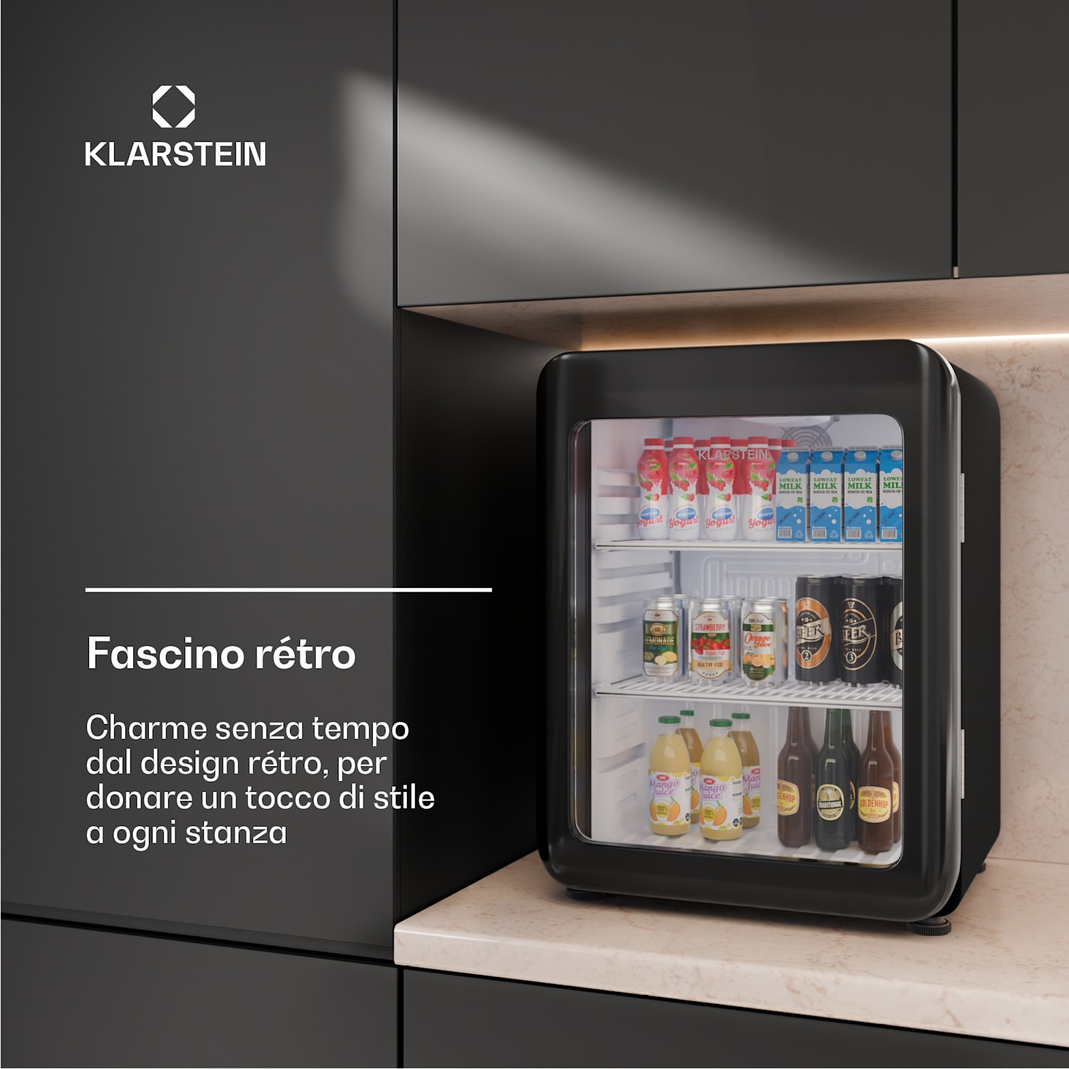 Audrey Evo - Frigorifero per bevande | Design rètro | Sportello in vetro | 68 L | Classe energetica C 68 Ltr | Nero