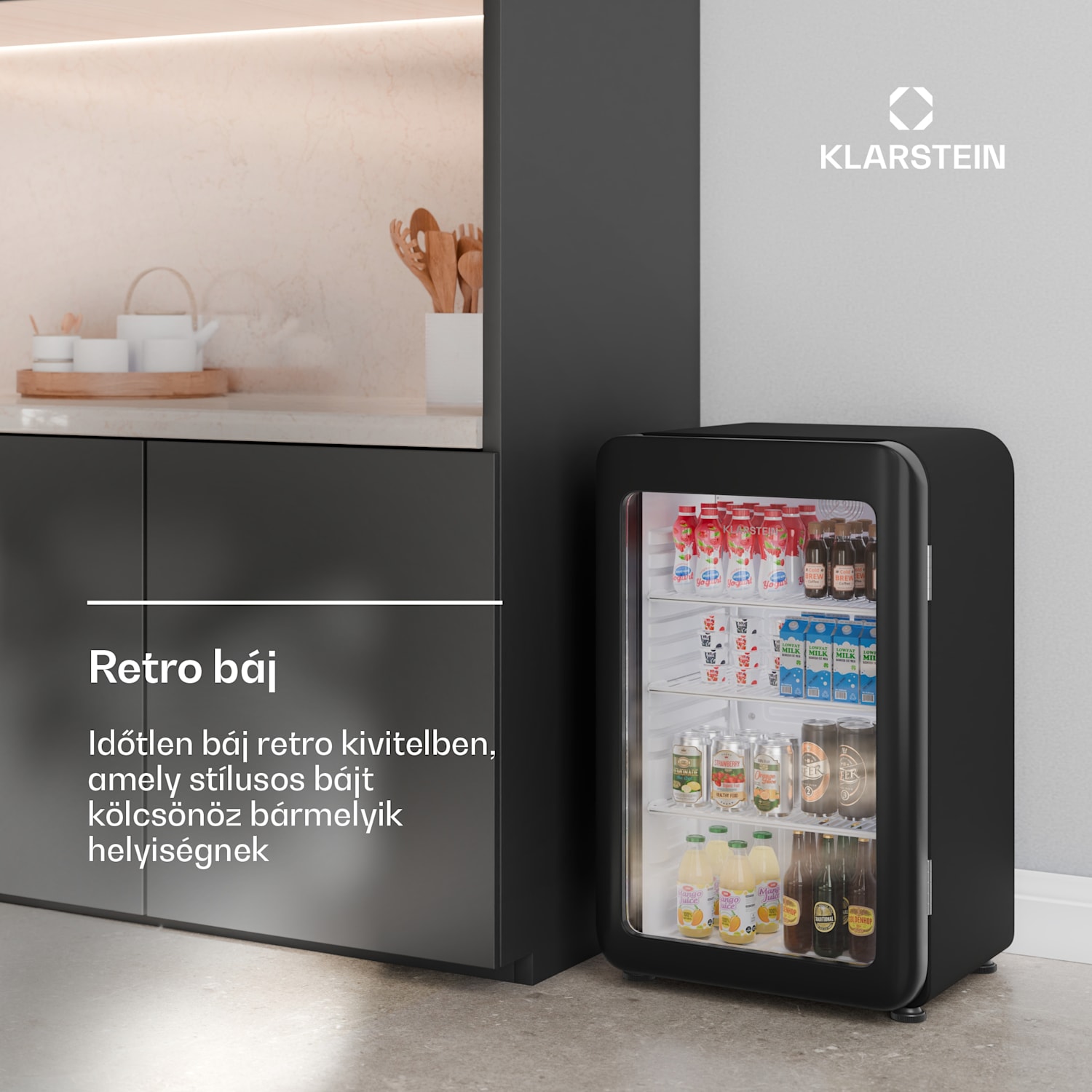 Audrey Evo italhűtő, Rretro kivitel, üvegajtó, 93 L, EEK C 93 Ltr | Fekete