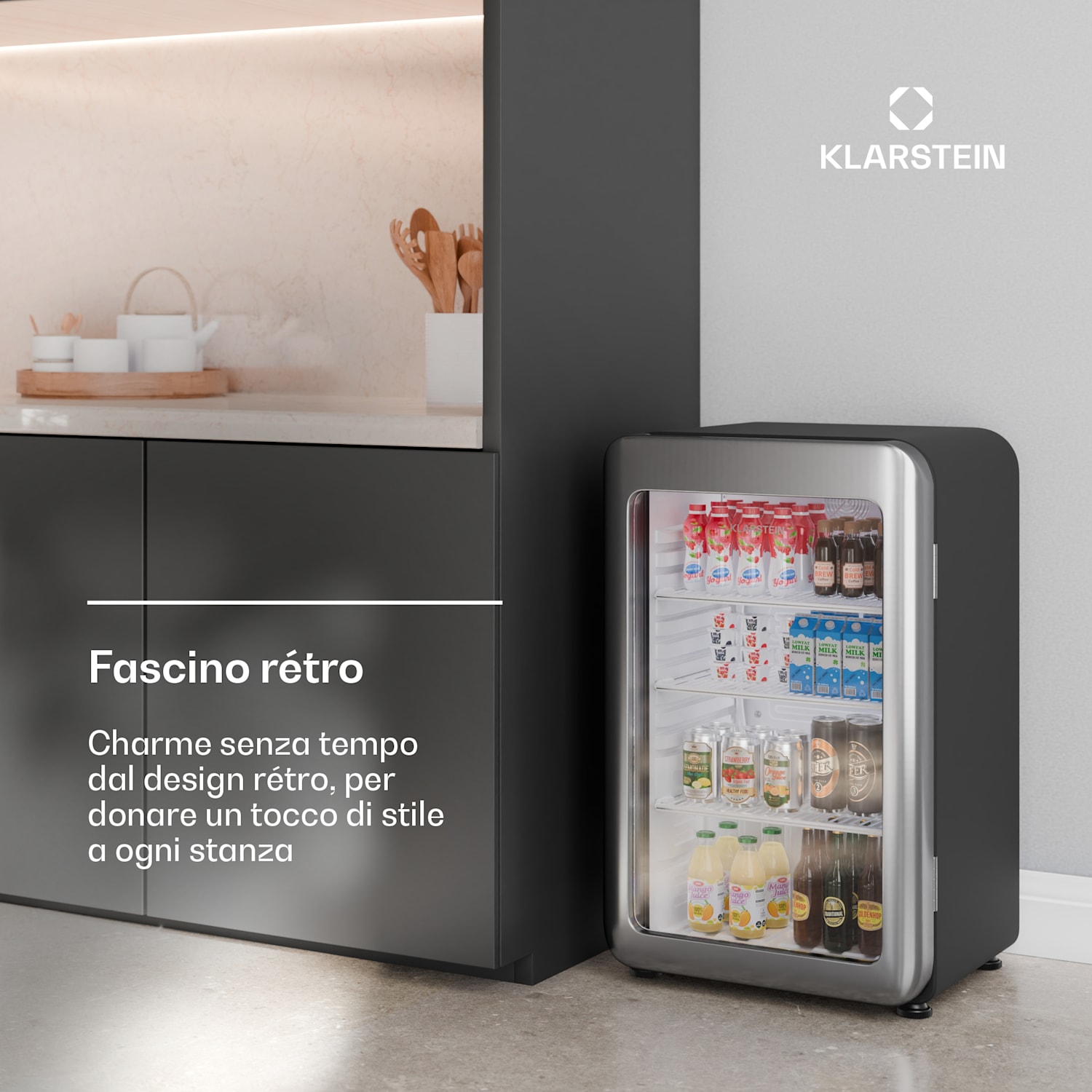 Audrey Evo - Frigorifero per bevande | Design rètro | Sportello in vetro | 93 L | Classe energetica C 93 Ltr | Argento