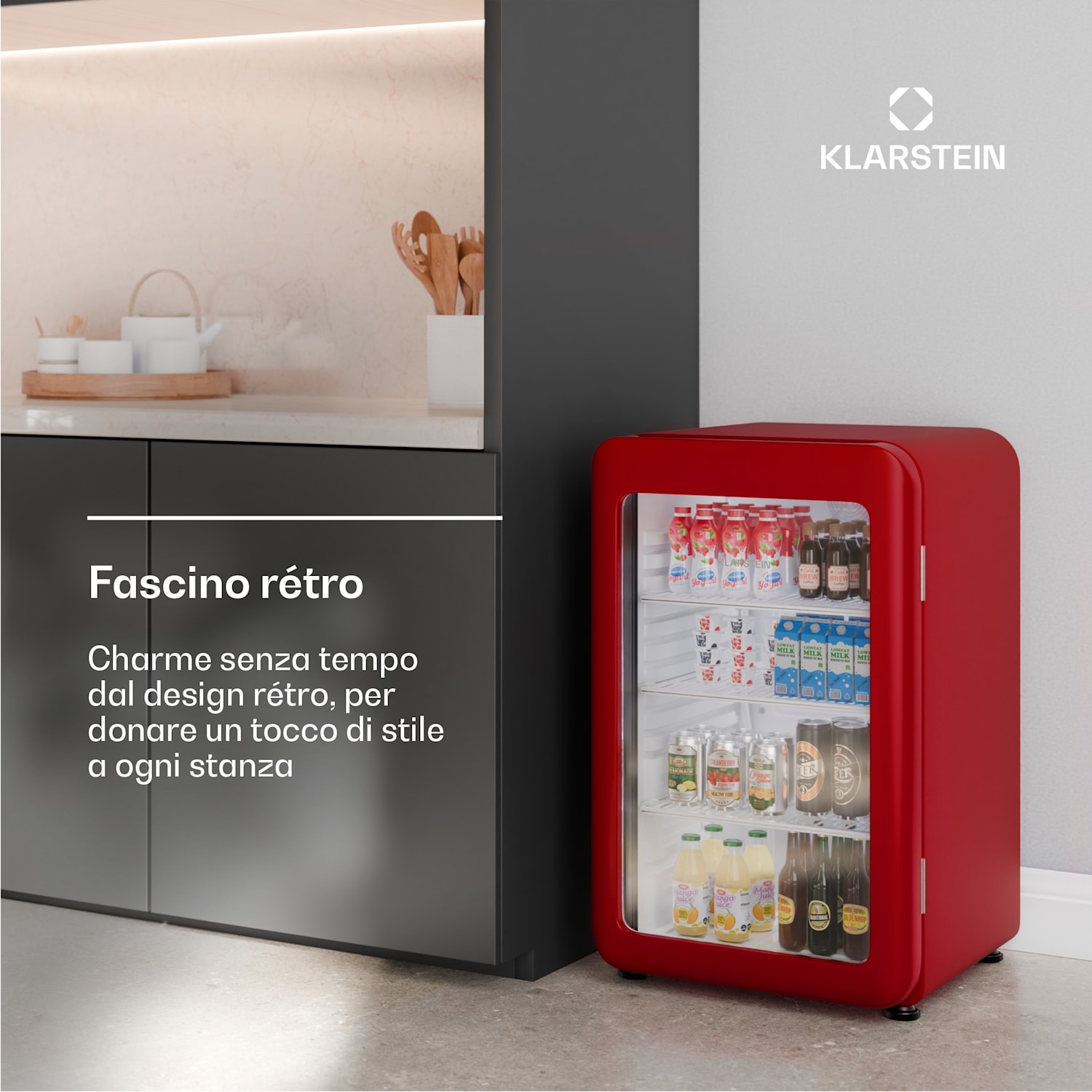 Audrey Evo - Frigorifero per bevande | Design rètro | Sportello in vetro | 113 L | Classe energetica C 113 Ltr | Rosso