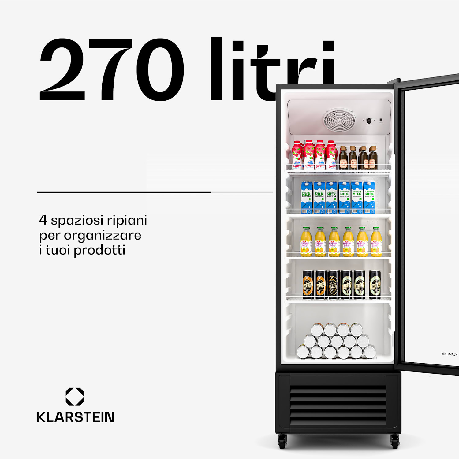 GrandCooler - Frigorifero per bevande | 270 L | Illuminazione a LED | Con rotelle | 4 ripiani 270 litri | Nero