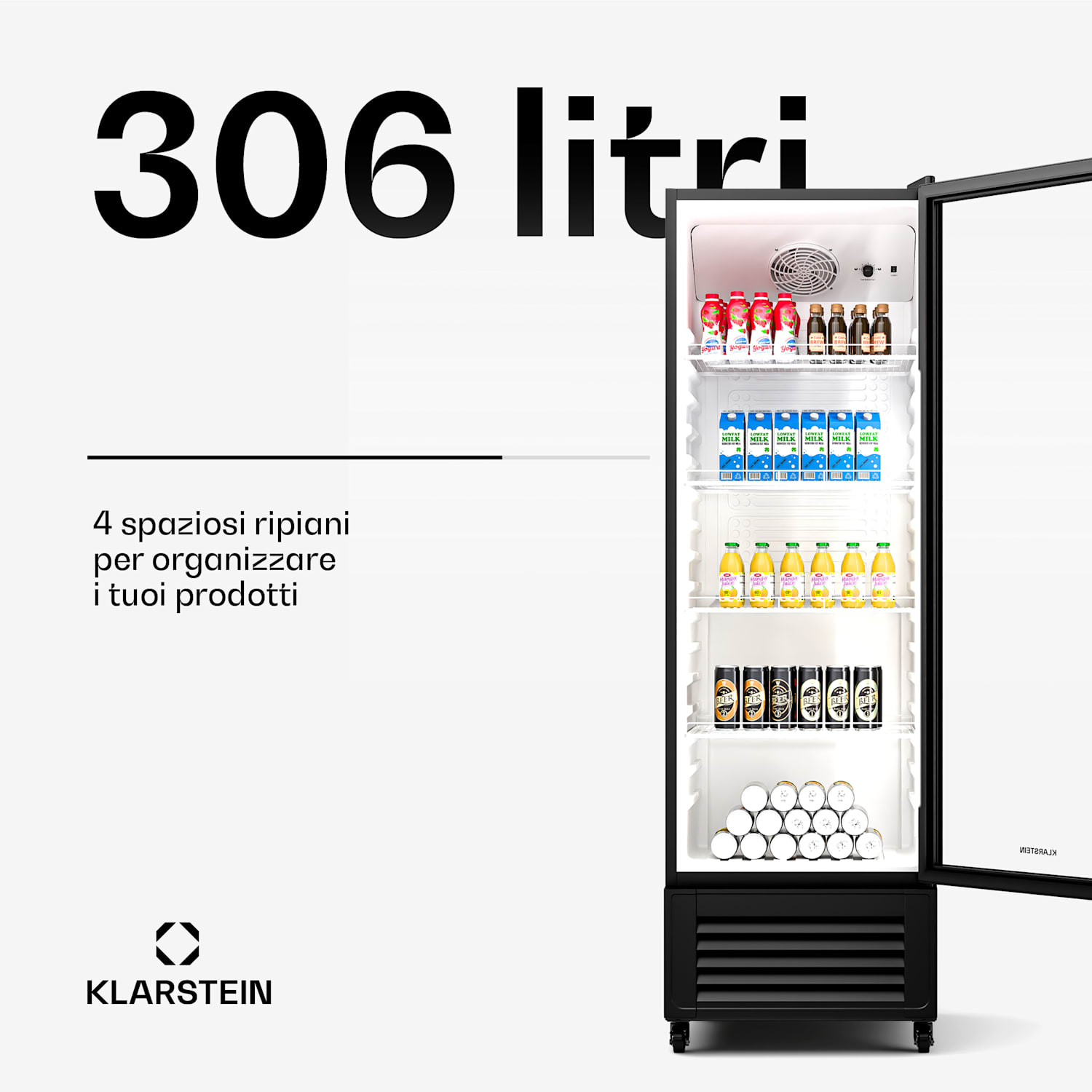 GrandCooler - Frigorifero per bevande | 306 L | Illuminazione a LED | Con rotelle | 4 ripiani 306 litri | Nero