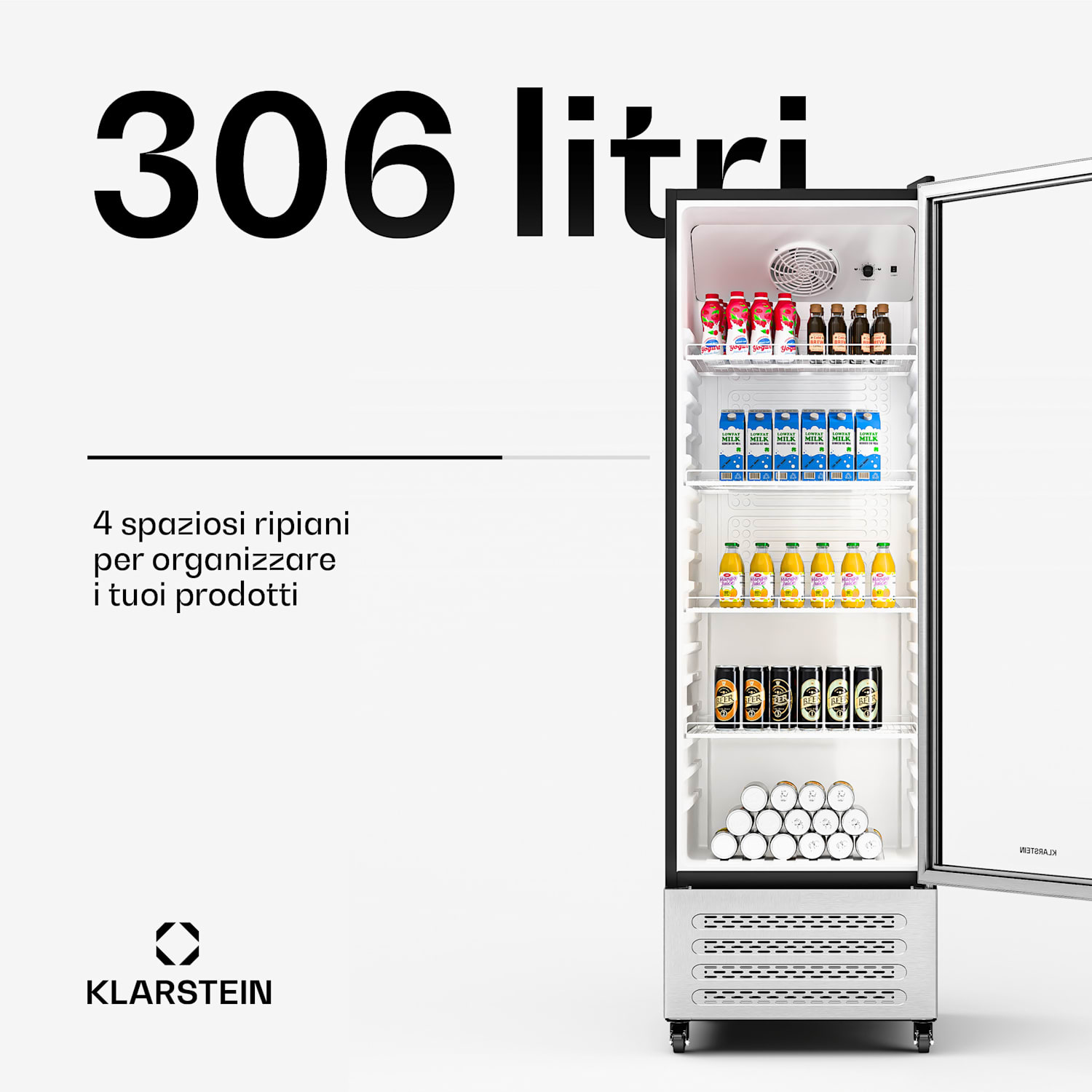 GrandCooler - Frigorifero per bevande | 306 L | Illuminazione a LED | Con rotelle | 4 ripiani 306 litri | Acciaio inox