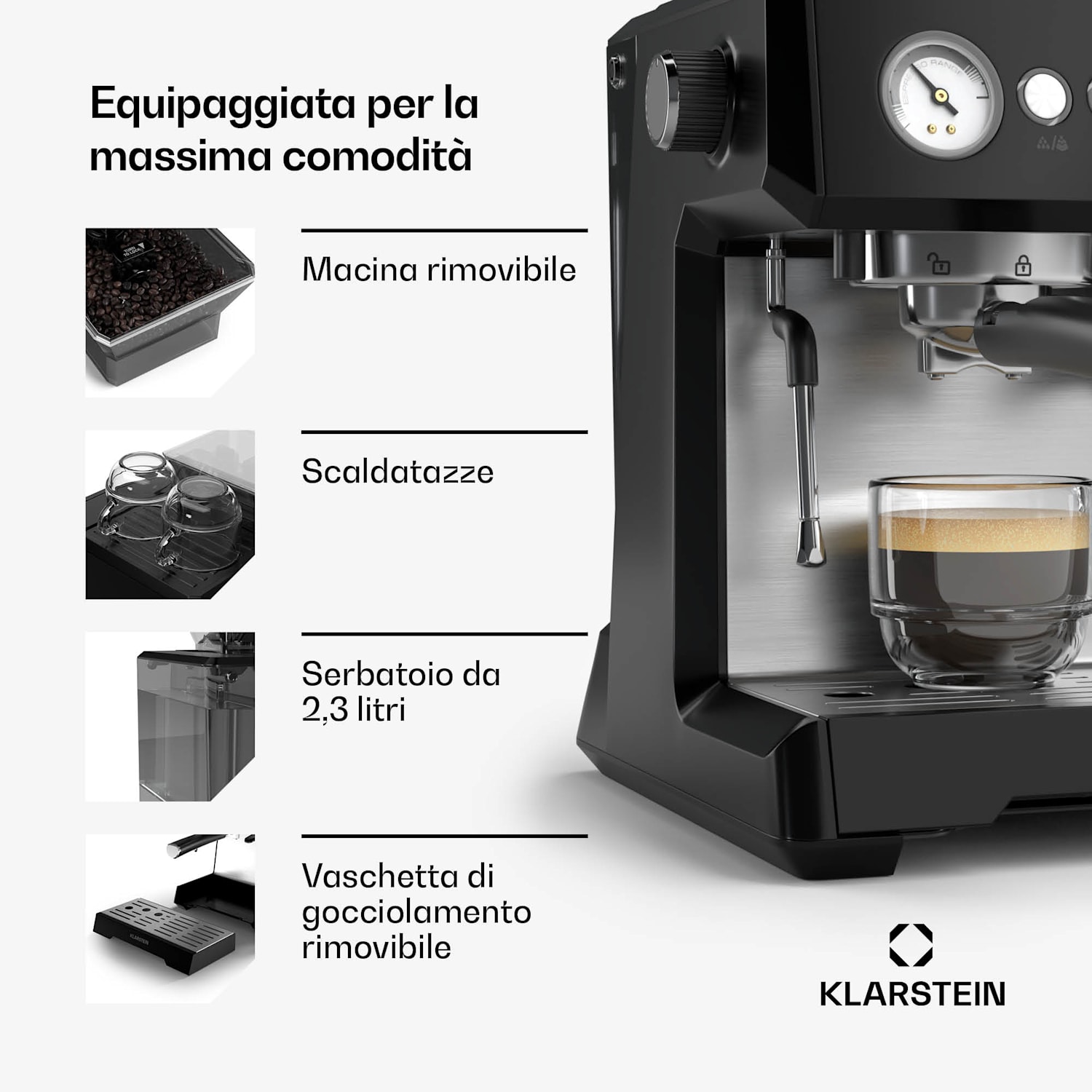 GrandPresso - Macchina del caffè | Macina di precisione | Ugello del vapore | Portafiltro | Indicazione della pressione | 20 bar GrandPresso | Nero